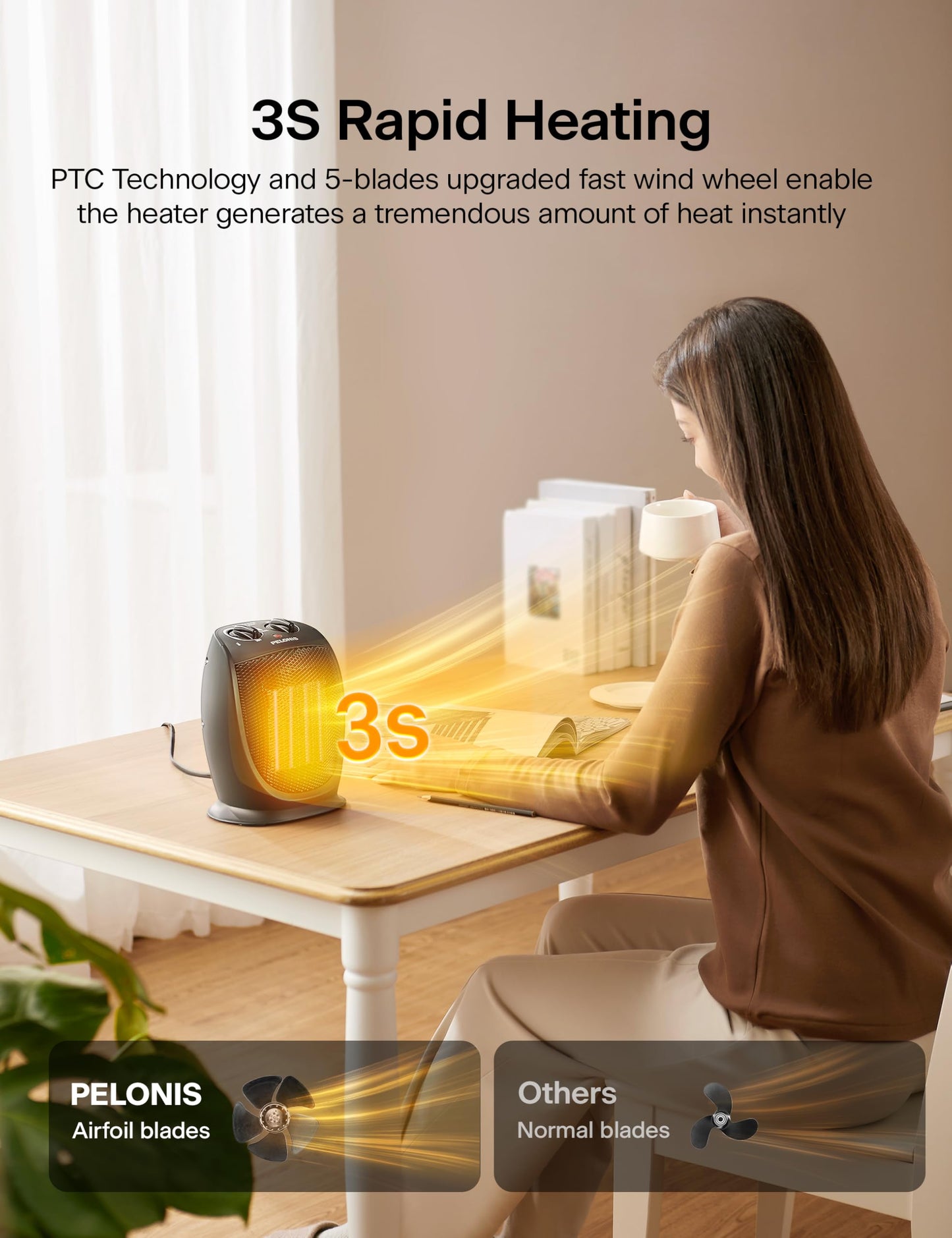 PELONIS PHTA1ABB Portable, 1500W/900W, Quiet Cooling & Heating Mode Space Heater for All Season, Tip Over & Overheat Protection,for Home, Office Personal Use, Black , 9inch