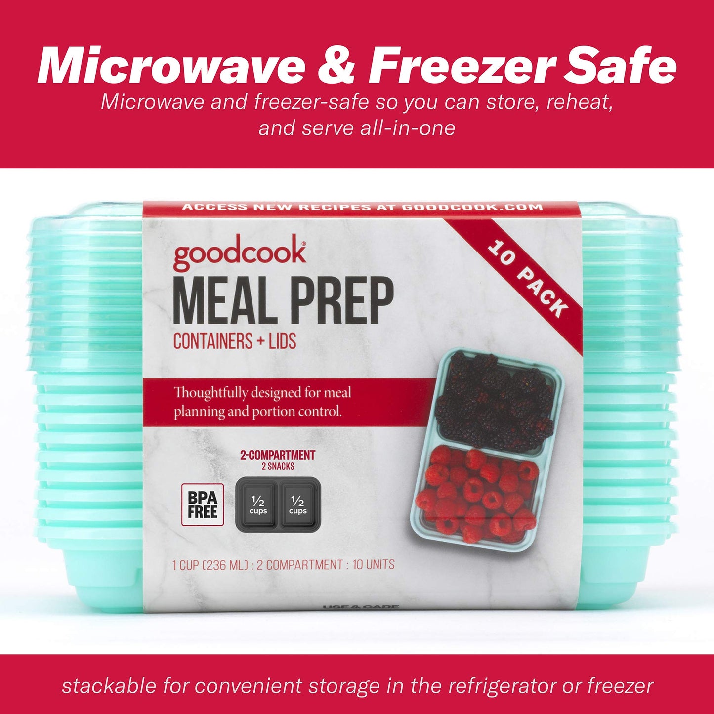 GoodCook 2-Compartment Food Storage Container Set with Snap-Shut Lids, Reusable Divided Snack Containers with Lids, Set of 10, Blue