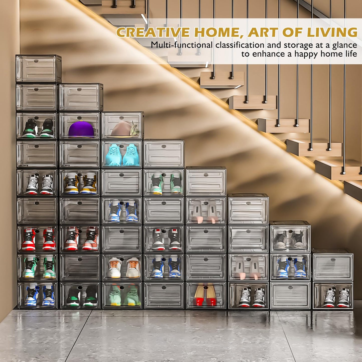 7 code Thicken & Sturdy Clear Shoe Storage Organizer with Magnetic Door, Stackable Boxes for Closet, Foldable Shoe Rack for Sneaker Boot Container, Plastic Shoe Cabinet Shoe Box 6 Pack, Black