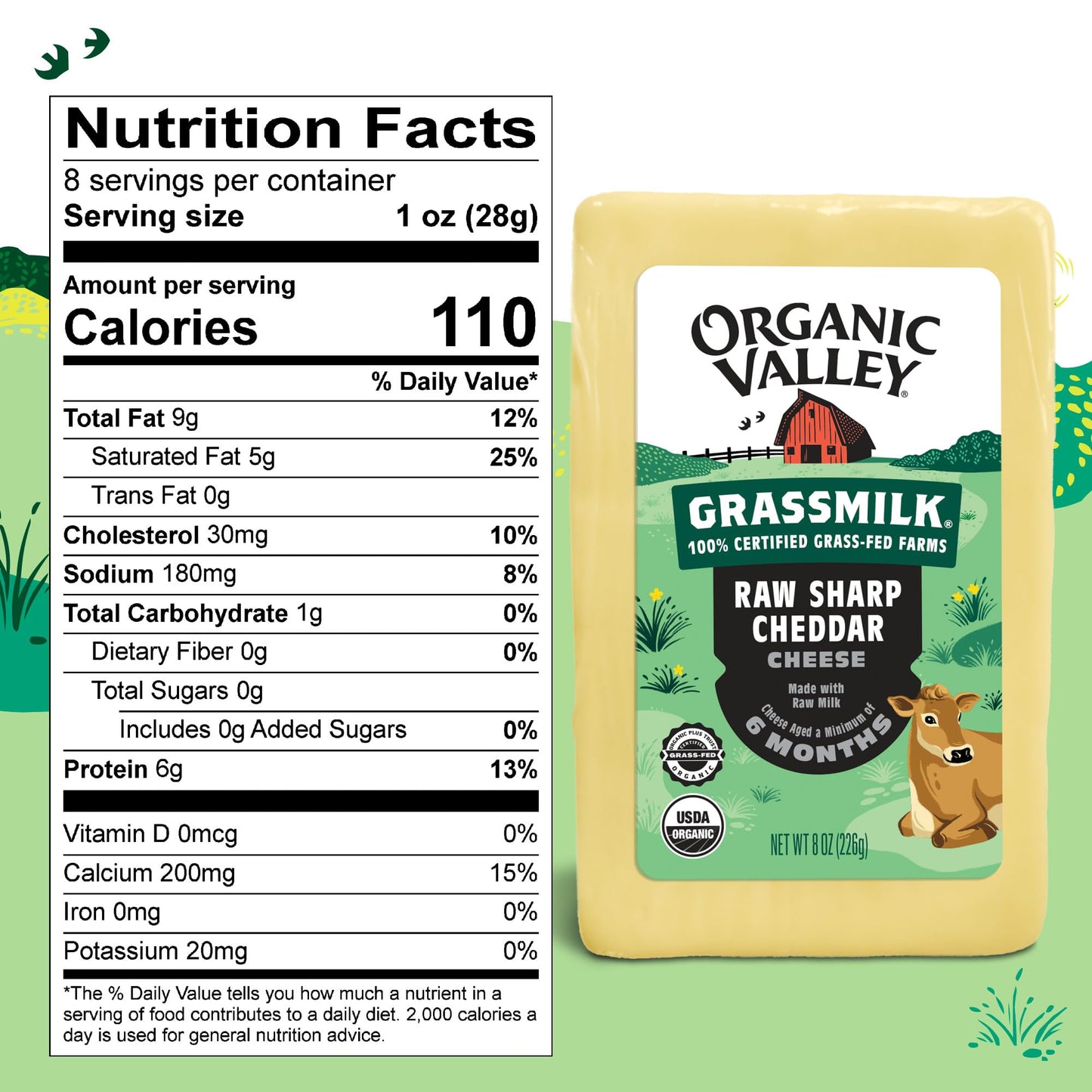 Organic Valley Grassmilk Raw Sharp Cheddar Cheese Block, 8 Oz