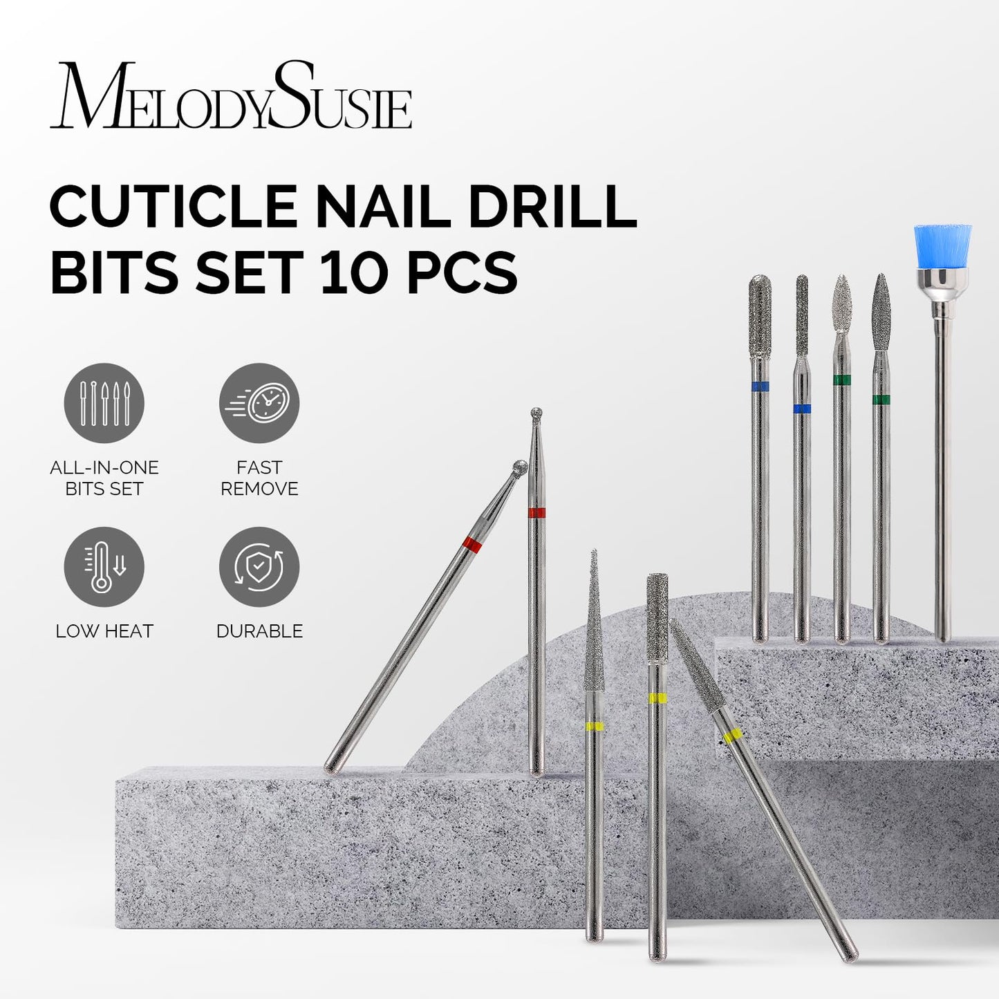 MelodySusie 10pcs Nail Drill Bits Set, 3/32 Inch Diamond Cuticle Nail Bits Kit for Nail Drill E-File, Manicure Pedicure Remover Tools for Acrylic Gel Nails, Salon Home Nail Care Supplies, Silver