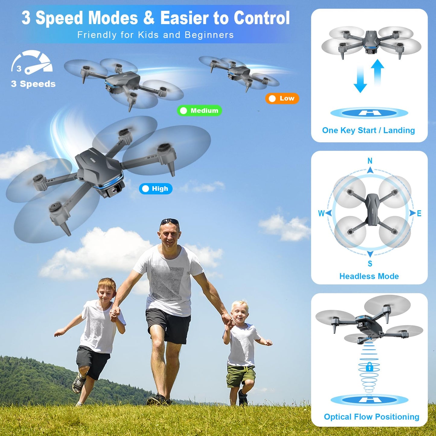 Drones with Camera for Adults 1080P HD Foldable Drone with Carrying Case Drones for Kids with One Key Take Off/Land, 3 Speed Mode, 360° Flip Grey