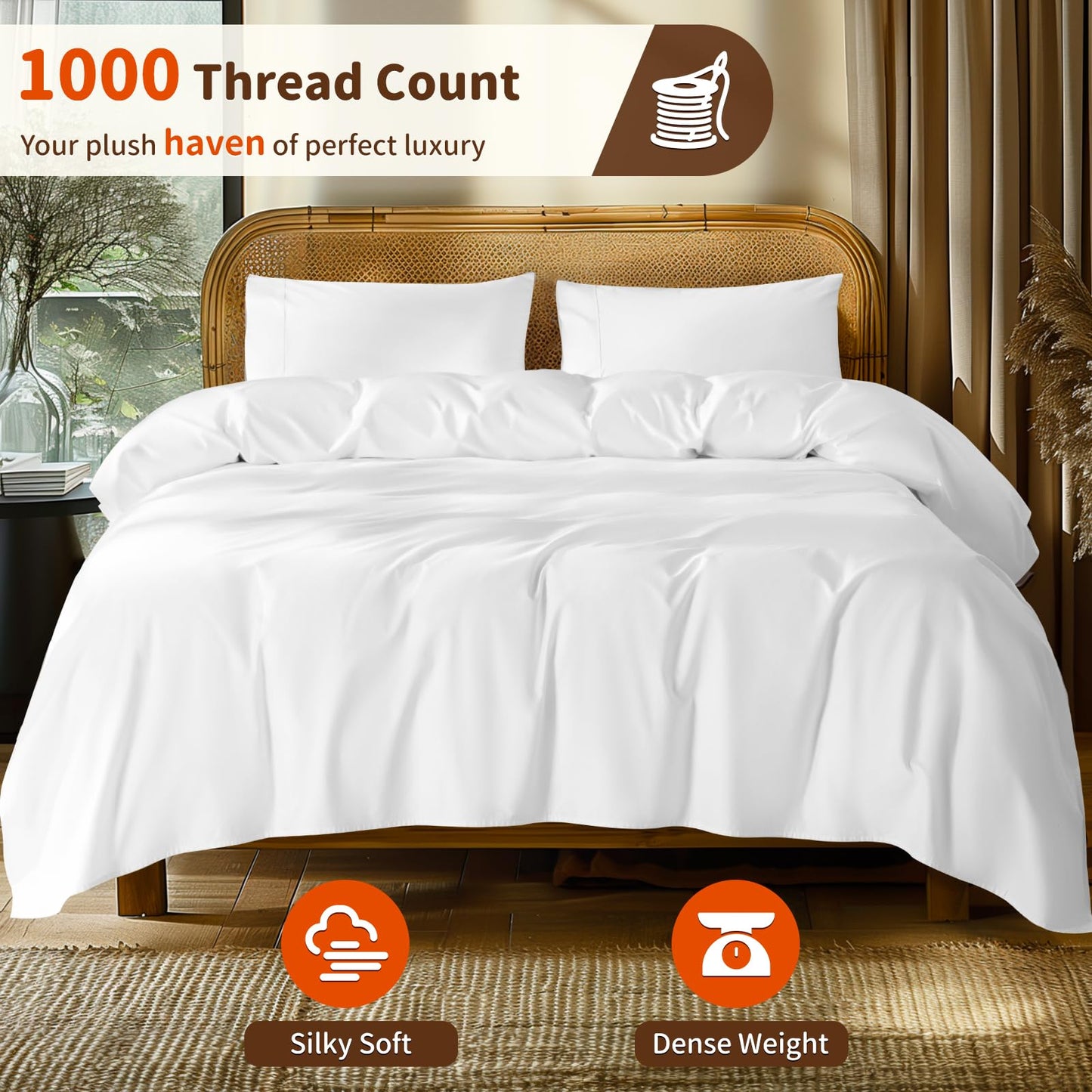 LBRO2M 100% Egyptian Cotton Sheets Set 1000 Thread Count,Queen Size Bed Sheet 4 Piece Sets,Long Staple,16 Inches Deep Pocket,All Season,Bedding Super Soft Breathable,Sateen Weave(White)