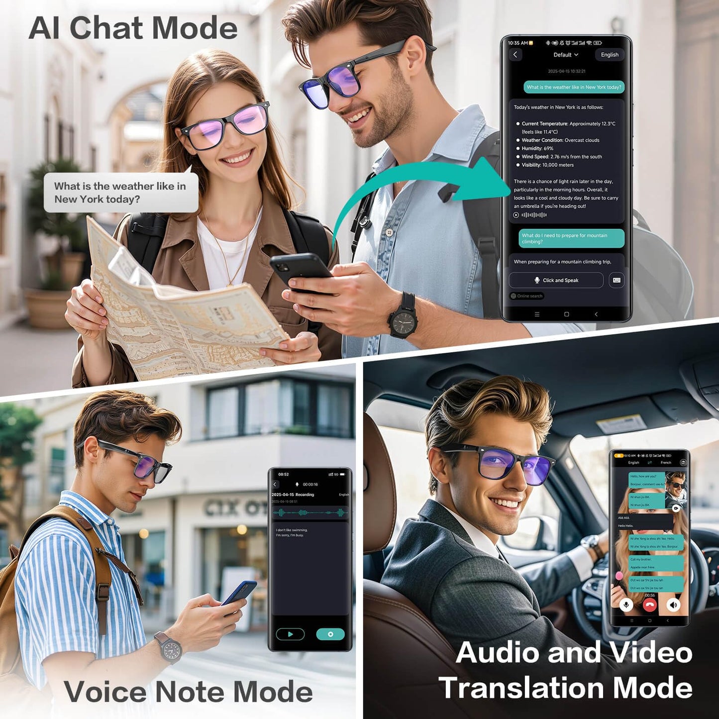 AI Smart Glasses, Bluetooth Glasses with 163 Translation, Anti-Blue Light Glasses for Men Women, 7 Day Ultra-Long Standby, UV Protection, Waterproof, Wireless Music & Calls, Voice Control Glasses