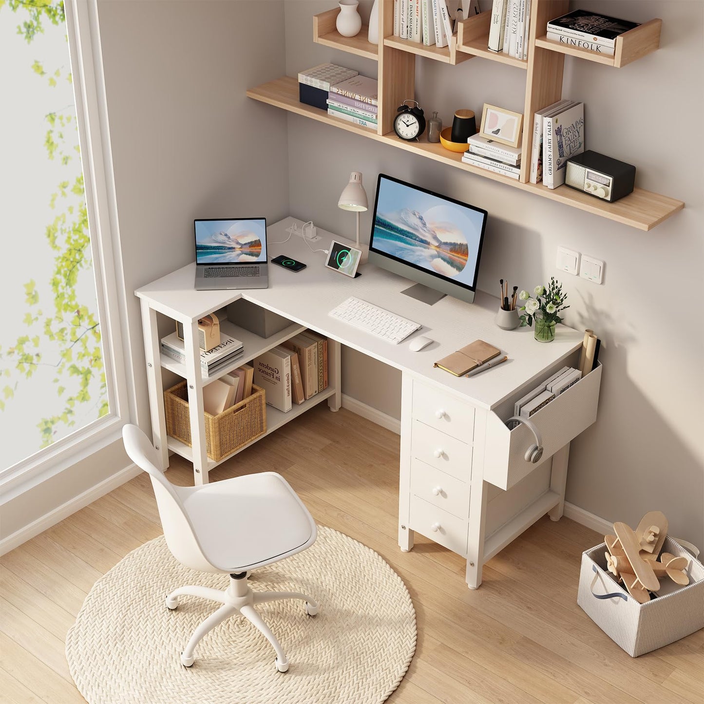 Lufeiya White L Shaped Computer Desk with Drawers & Storage Shelves, 47 Inch Corner Reversible Desk with Power Outlet for Home Office Bedroom, L-Shaped Teen PC Desks with Fabric Drawer, White