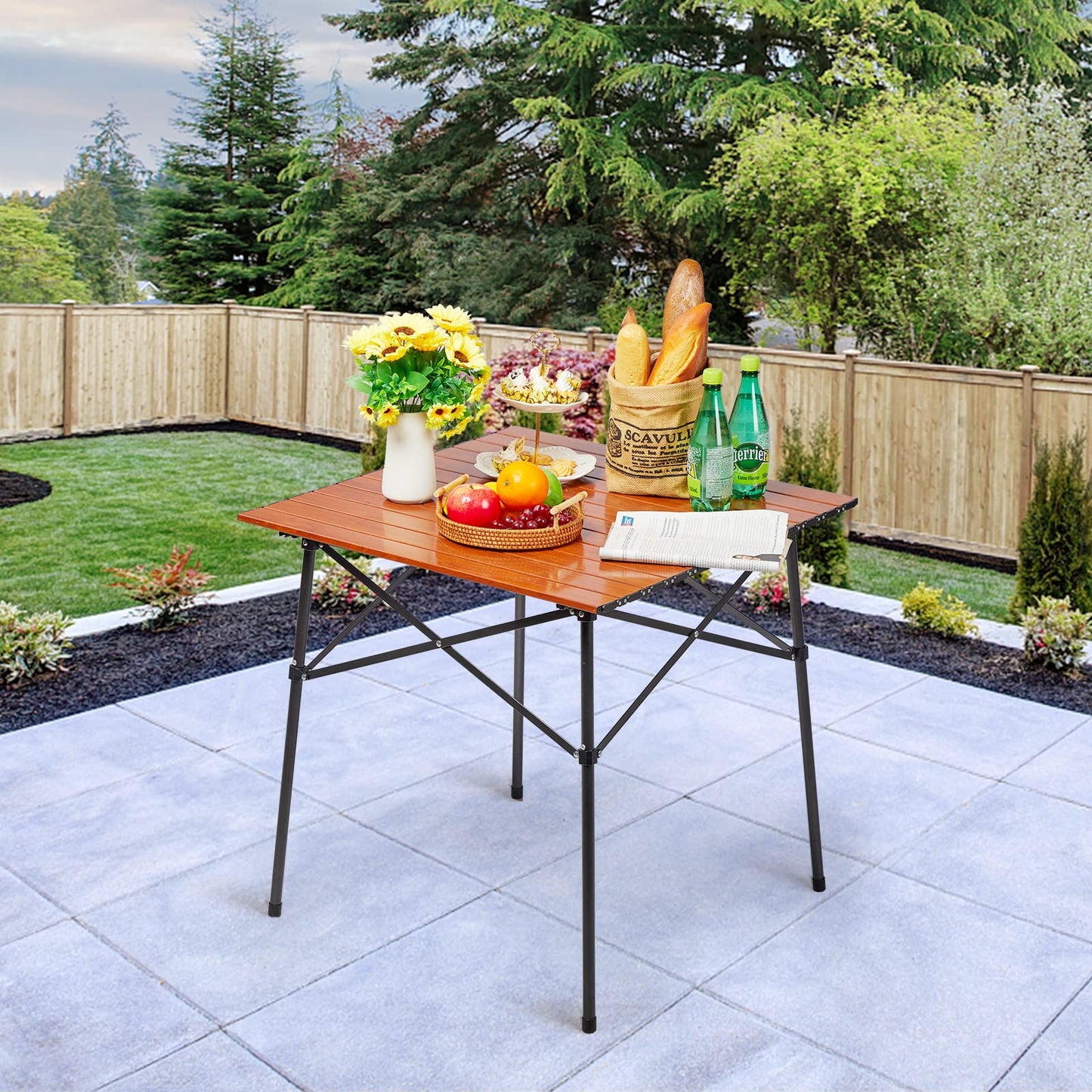 PORTAL Lightweight Aluminum Folding Square Table Roll Up Top 4 People Compact Table with Carry Bag for Camping, Picnic, Backyards, BBQ, Brown