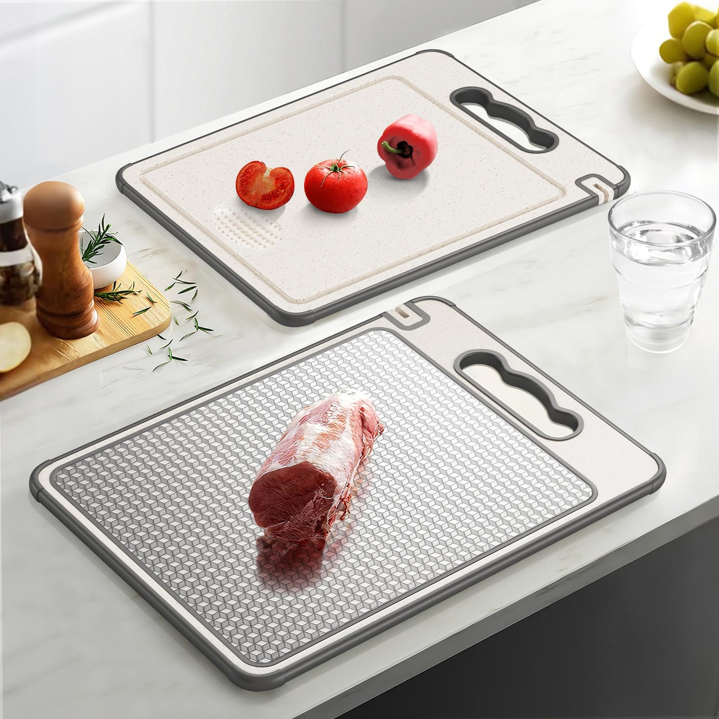 LOZOVIN Double Sided 304 Stainless Steel & Wheat Straw Cutting Board, 14.4"*9.8" Non Toxic Chopping Board, Separately Handle Meat and Vegetables, Dishwasher Safe, Scratch Resistant Mesh Design