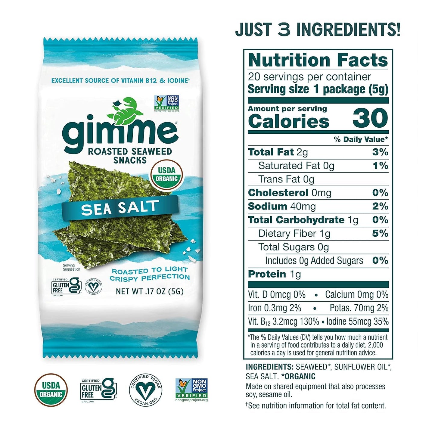 Gimme Seaweed Organic Premium Roasted Seaweed Snacks, Sea Salt, 20 Count, Keto, Vegan, Gluten-Free, Great Source of Omega3s and Iodine, Healthy On-The-Go Snack for Kids and Adults