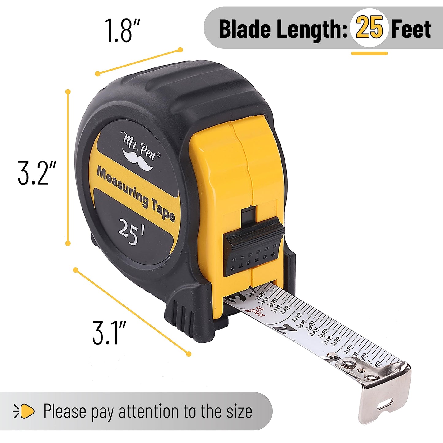 Mr. Pen 25-Foot Steel Retractable Tape Measure with Easy Read Fractions