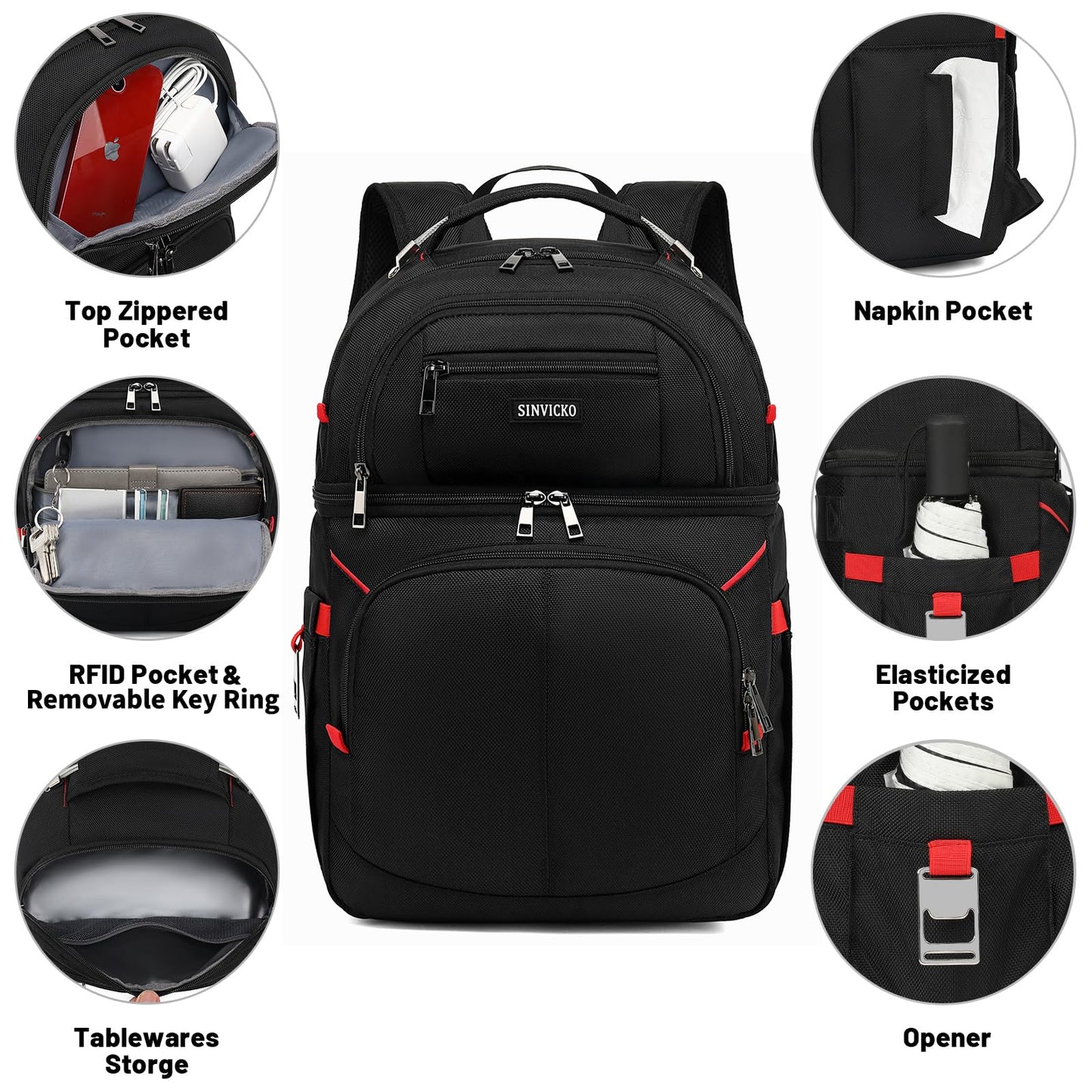 Insulated Cooler Backpack,Double Deck Leak Proof Cooler Bag,Insulated Backpack Cooler Lunch Backpack for Men Women,Black & Red