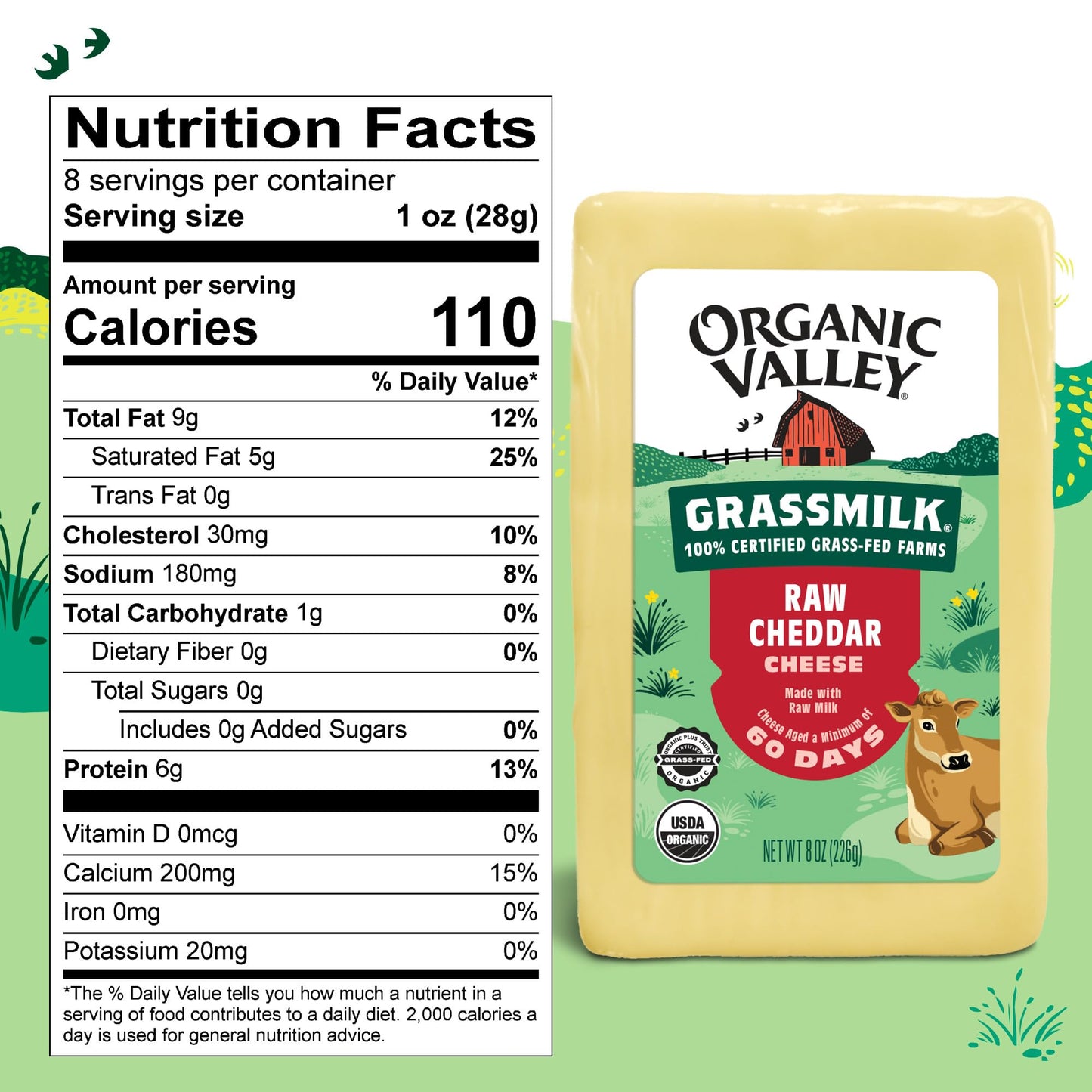 Organic Valley Gourmet Grassmilk Raw Organic Cheddar Cheese Block — Grass-Fed, No Added Hormones — 8 Oz
