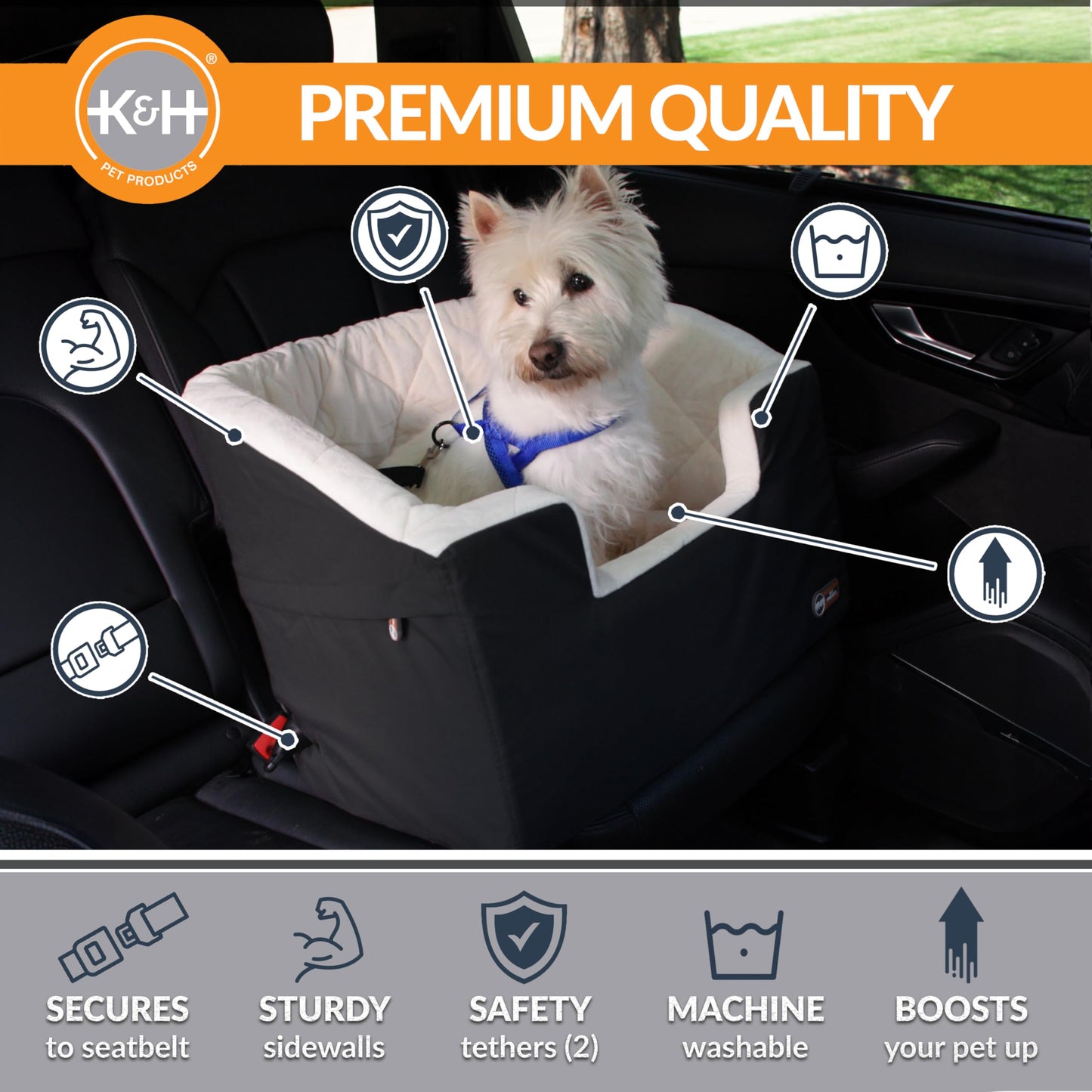 K&H Pet Products Bucket Booster Dog Car Seat for Small Dogs, Seat Belt Secured, 2 Safety Leashes, Washable Covers, Sturdy Pet Booster Seats for Traveling with Pets - Small Black/Cream
