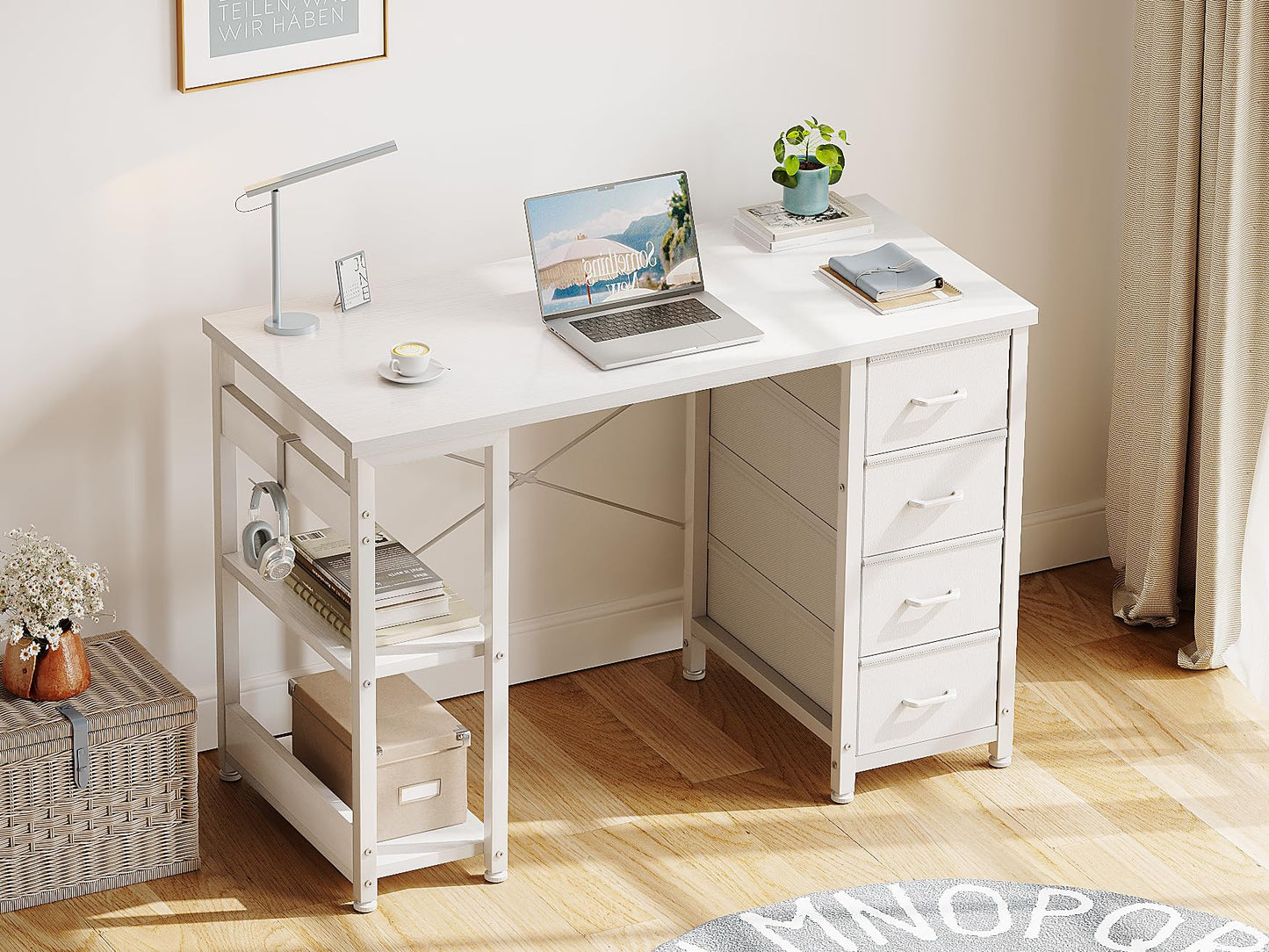 ODK 40 Inch Small White Computer Desk with 4 Fabric Drawers, Modern Office Desk for Home Office Gaming with Storage Shelves Study, White