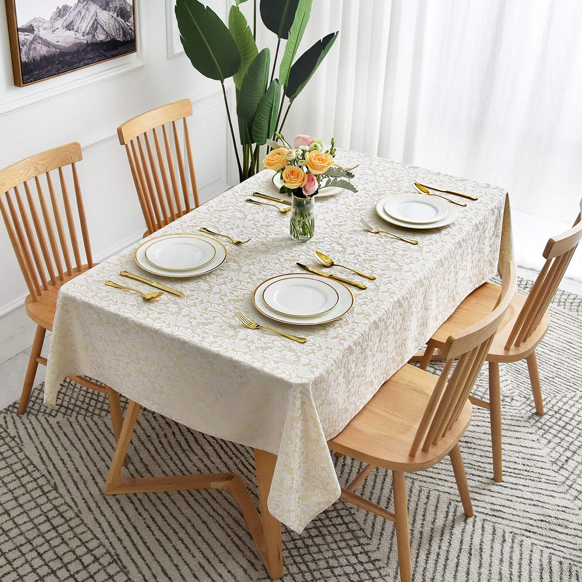 maxmill Jacquard Table Cloth Damask Pattern Spillproof Wrinkle Resistant Heavy Weight Soft Tablecloth for Kitchen Dinning Tabletop Outdoor Picnic Rectangle 52 x 70 Inch Beige