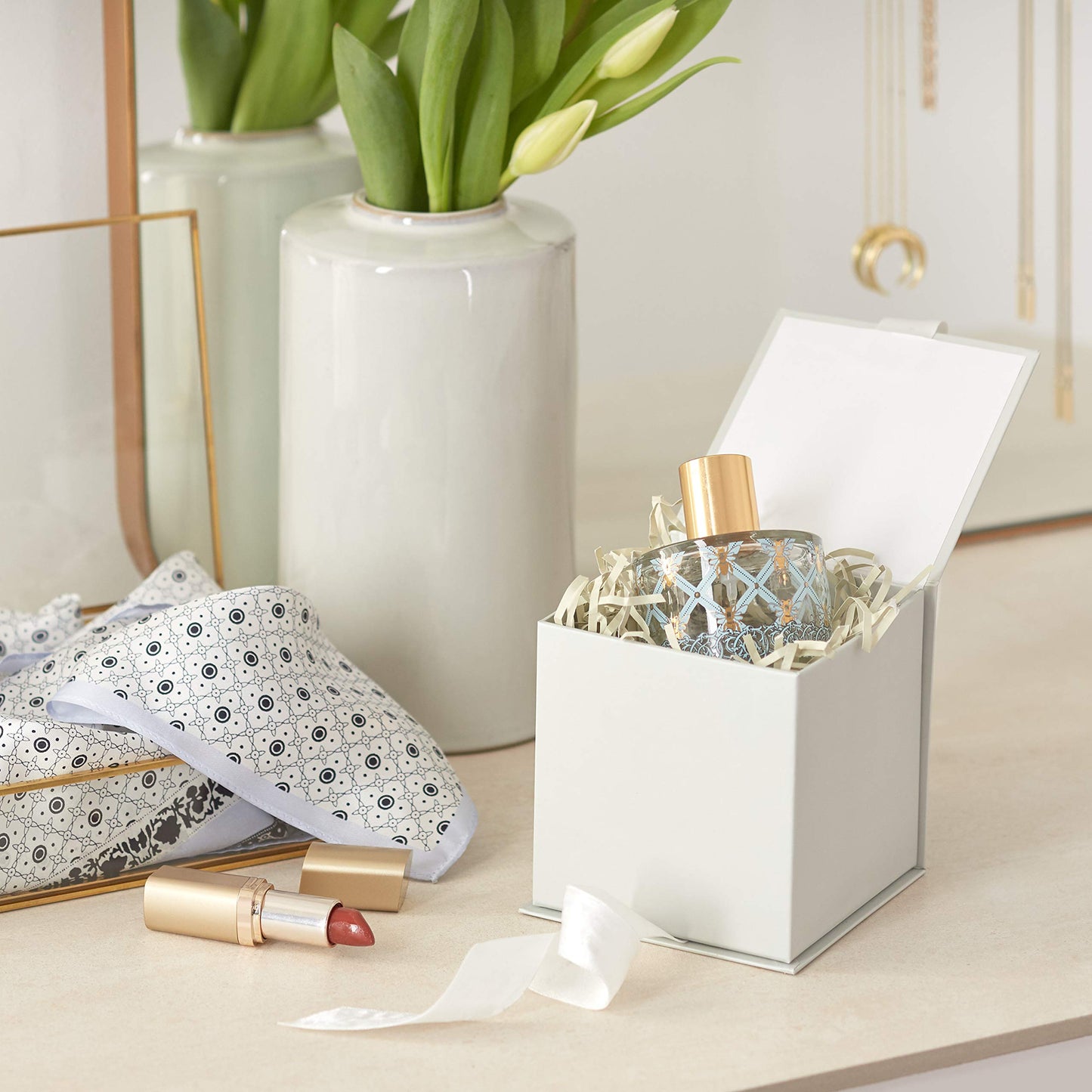 Hallmark Small Gift Box with Bow and Shredded Paper Fill (Grey White 4 inch Gift Box) for Weddings, Bridal Showers, Graduations, Birthdays, Bridesmaids Gifts, All Occasion