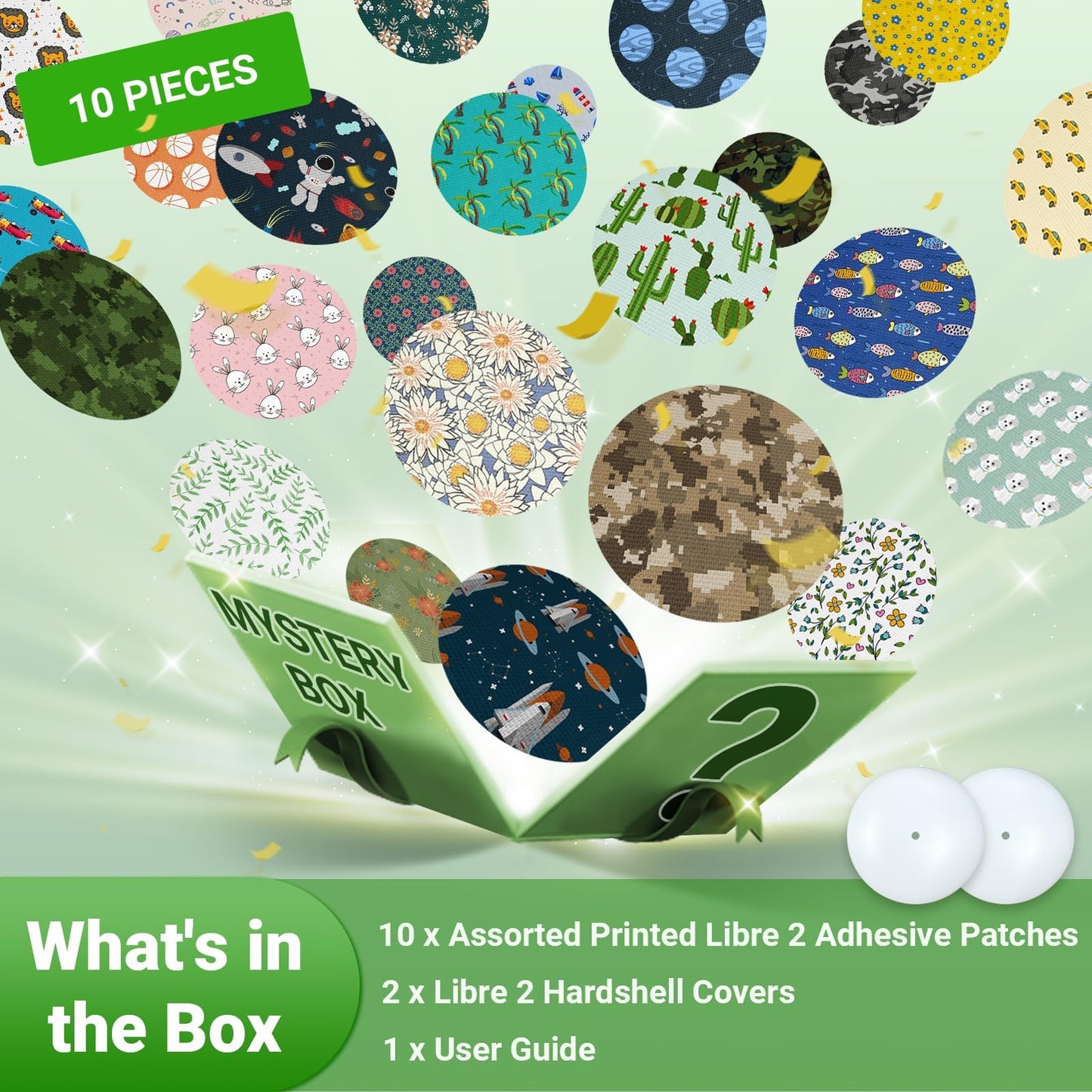 Kovoq Freestyle Libre 2 & Lingo Colorful Adhesive Patches, 2pcs Protective Hardshell Cover + 10pcs Surprise Pattern Sensor Patches,Multiple Protection for CGM Glucose Monitor