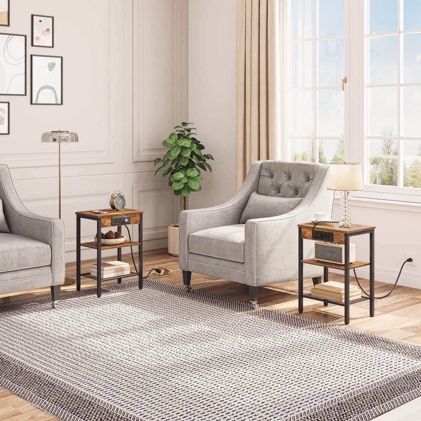 HOOBRO Side Table with Charging Station and USB Ports, Small End Table for Small Space, 3-Tier Nightstand with Adjustable Shelf, for Living Room, Bedroom and Balcony, Rustic Brown BF112BZ01