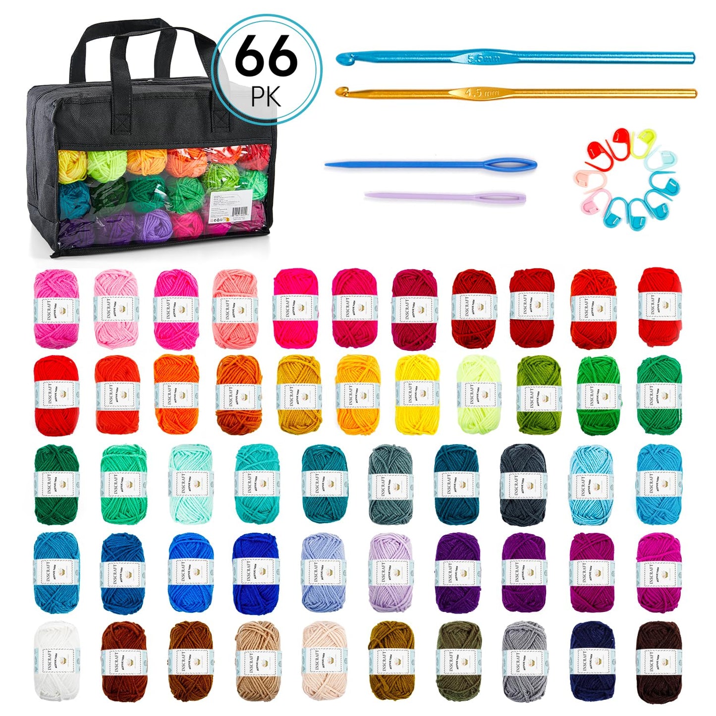Inscraft 52 Acrylic Yarn Skeins, 1820 Yards 52 Colors, 2 Crochet Hooks, 2 Weaving Needles, 10 Stitch Markers, 1 Bag, for Crocheting & Knitting, Gift Beginners and Adults
