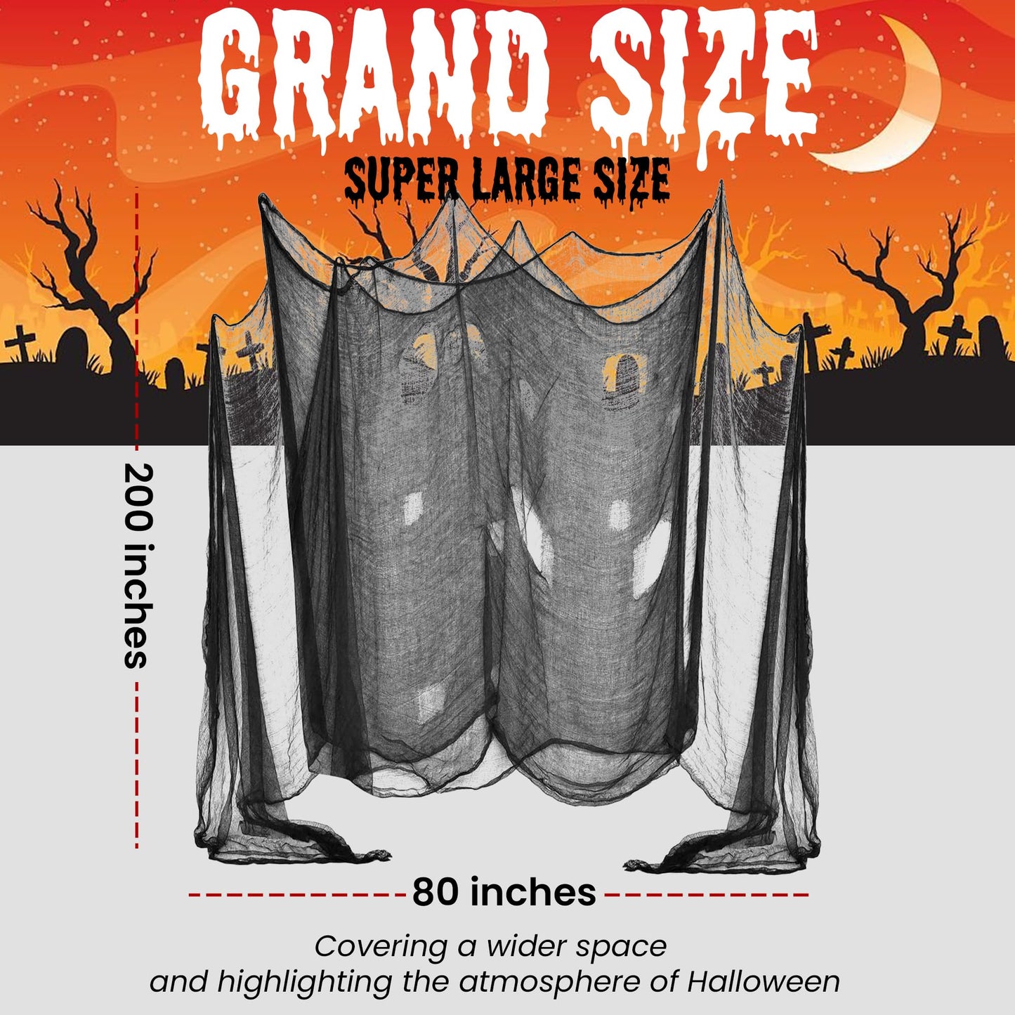 (48 x 240 in.) Halloween Creepy Cloth, DealKits Spooky Giant Cheese Cloth Tapestry for Halloween Party Supplies Decorations Outdoor Yard Home Wall Decor, Black