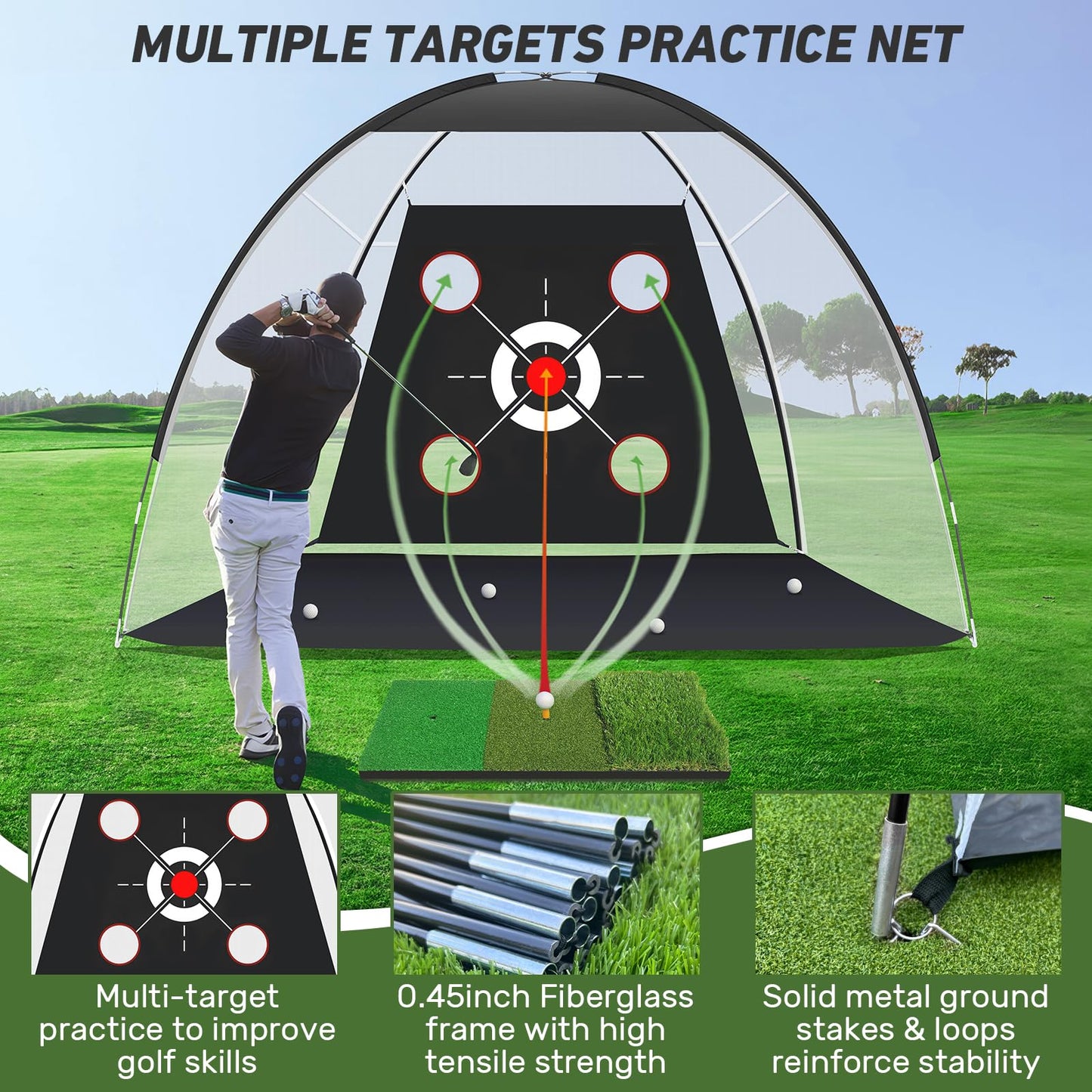 KLAODOT Golf Net with Practice Mat,Golf Hitting Aid Nets 10x7FT for Backyard Driving Chipping Training Swing with Target Mat Balls for Outdoor Indoor,Gifts for Men Dad Him and Golfer