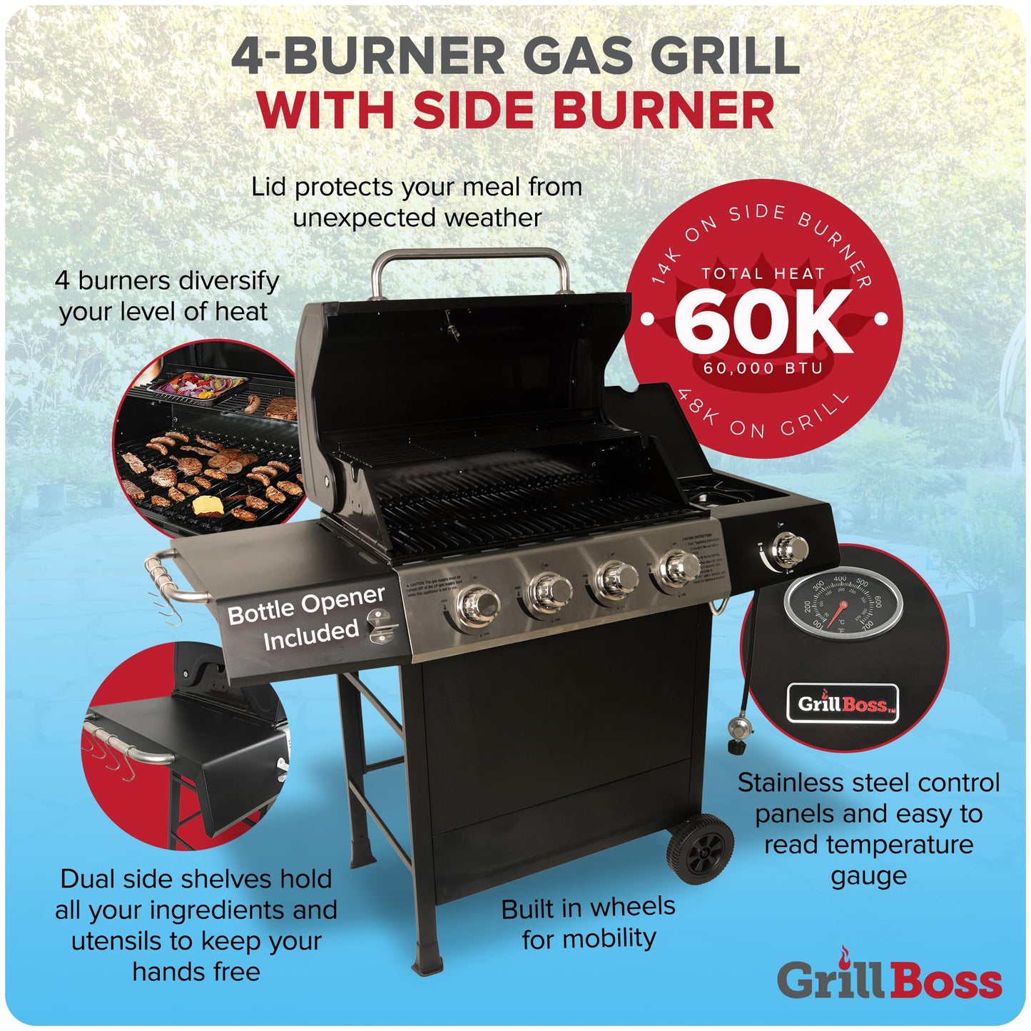 Grill Boss 4 Burner Propane Gas Grill, Portable BBQ w/Lid, Wheels & Side Shelves, Black - Grilling Accessories and Equipment for Camping, Tailgating, Outdoor Barbecue and Cooking