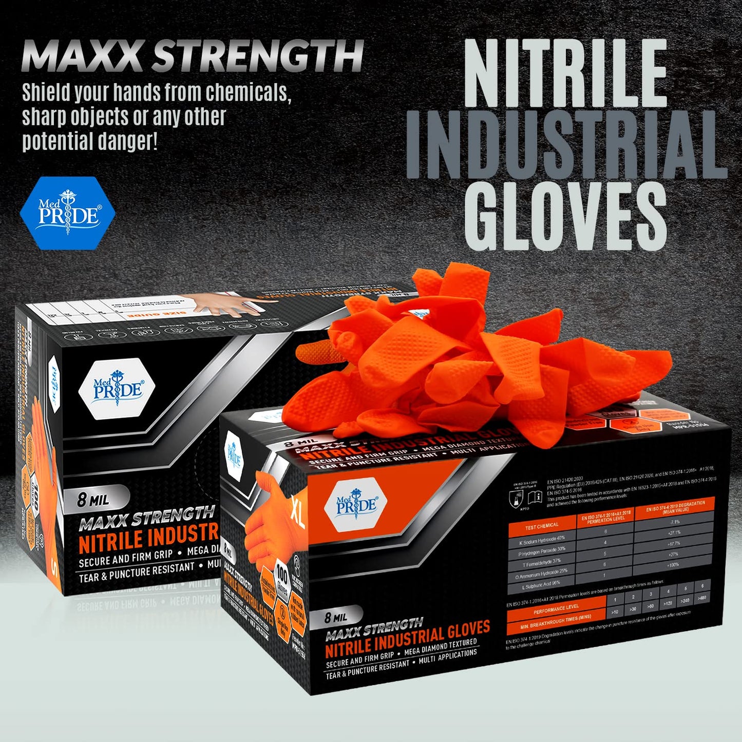 MED PRIDE Maxx Strength Nitrile Industrial 8 Mil Thick 100 Gloves/Large - Diamond Texture Disposable Safety- Heavy-Duty, Tear-Resistant Mechanic Automotive Food Handling Gloves- Orange