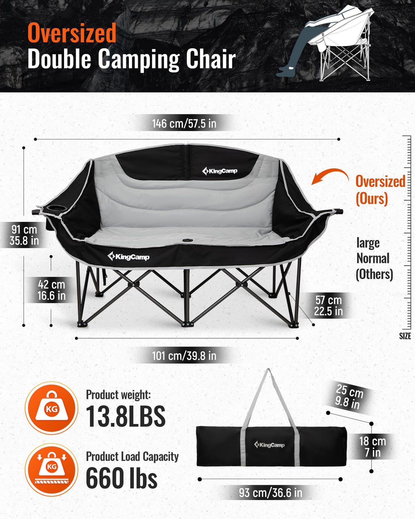 KingCamp Double Camping Chair, Oversized 660lbs Heavy Duty Loveseat for Adults Portable Folding XL 2 Person Couch Padded Comfortable Two Seat with Cup Holder for Outdoor Lawn Backyard, Black/Grey