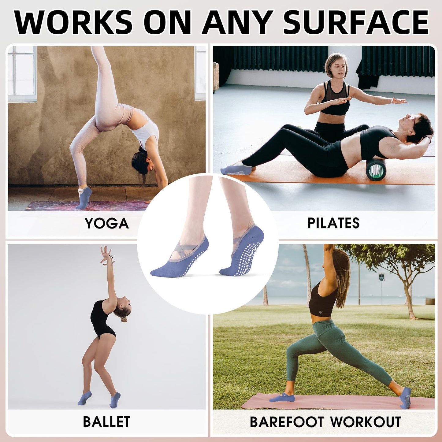 Minmex Yoga Socks for Women-1 Pairs Thin Non Slip Grip Socks with Straps for Pilates,Ballet, Dance, Barefoot Workout Purple