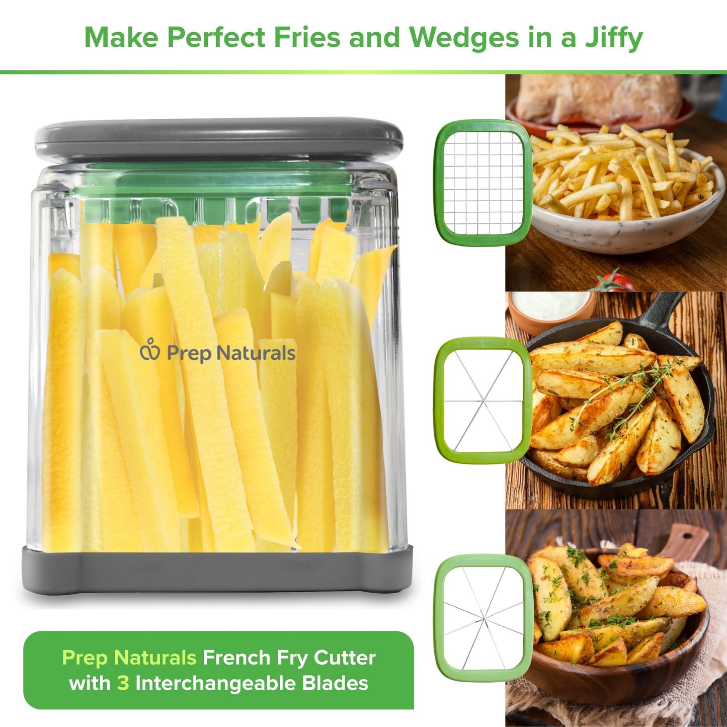 PrepNaturals 3-in-1 French Fry Cutter - Potato French Fry Cutter - French Fries Cutter - Food Chopper Manual Hand - Veggie Cutter - Vegetable Chopper