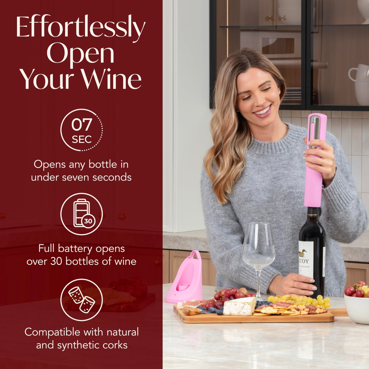 Rechargeable Electric Wine Bottle Opener - Charging Base and Foil Cutter Included with Automatic Wine Opener - Electric Corkscrew for Easy Cork Removal - Best Gift for Wine Lover (Pink & Silver)