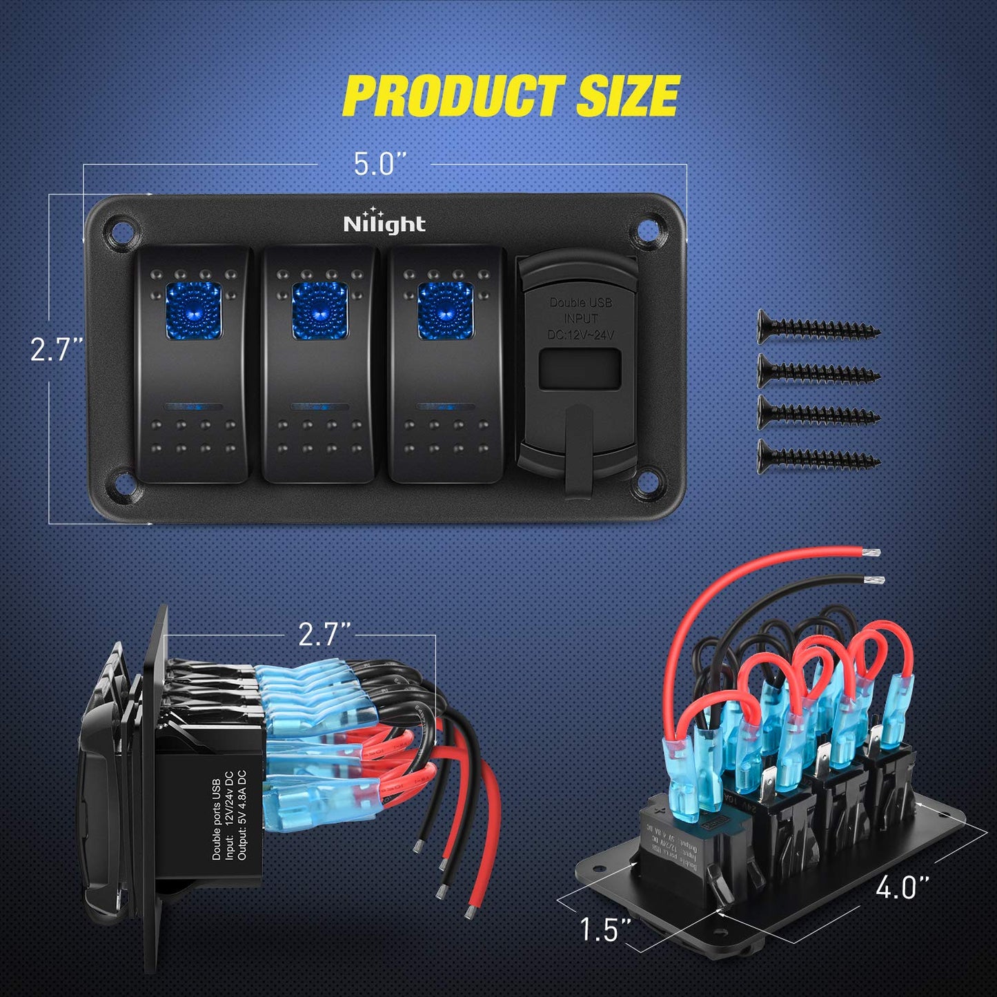 Nilight 3 Gang Rocker Switch Panel with 4.8 Amp Dual USB Charger Voltmeter Waterproof 12V 24V DC Rocker Switch with Night Glow Stickers for Cars Trucks Boats RVs, 2 Years Warranty,Blue