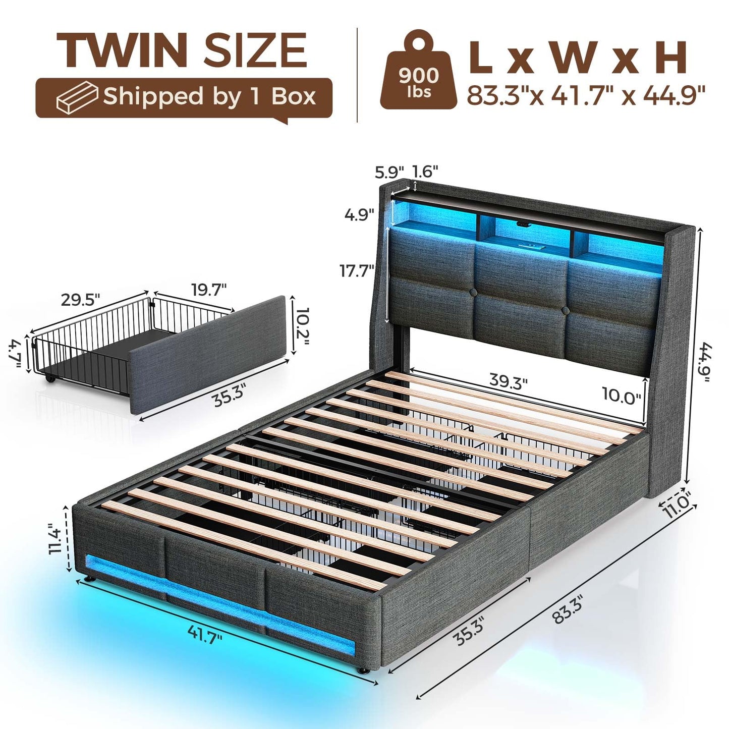 Rolanstar Twin Size Bed Frame with LED Lights and Charging Station, Upholstered Bed Storage Headboard & Drawers, Heavy Duty Wood Slats, Easy Assembly