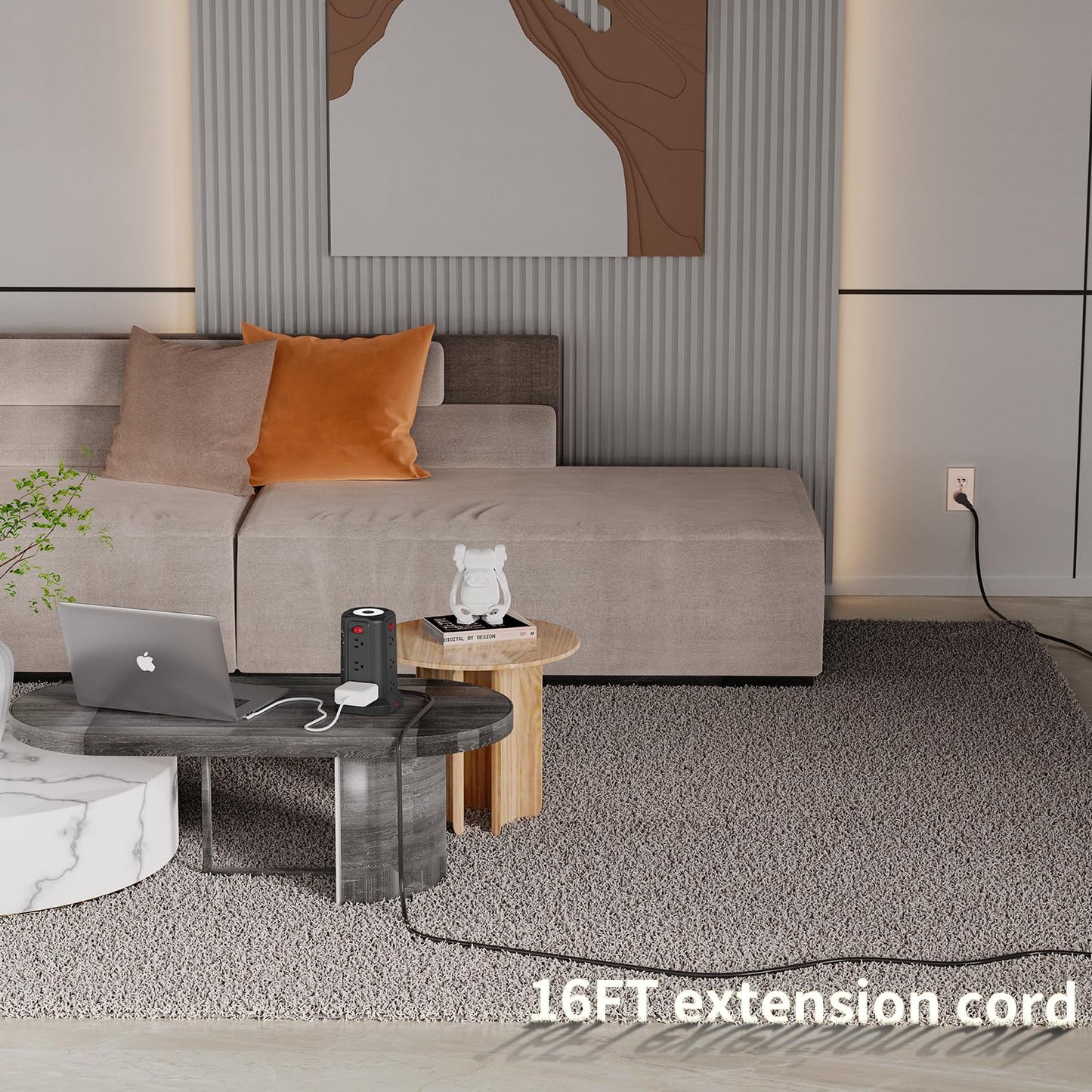 Long Surge Protector Power Strip 16 FT Cord, PD20W USB C Power Strip Tower with Night Light, Extension Cord with Multiple Outlets with 4 USB Ports, PASSUS Charging Station Home Office Essentials Black