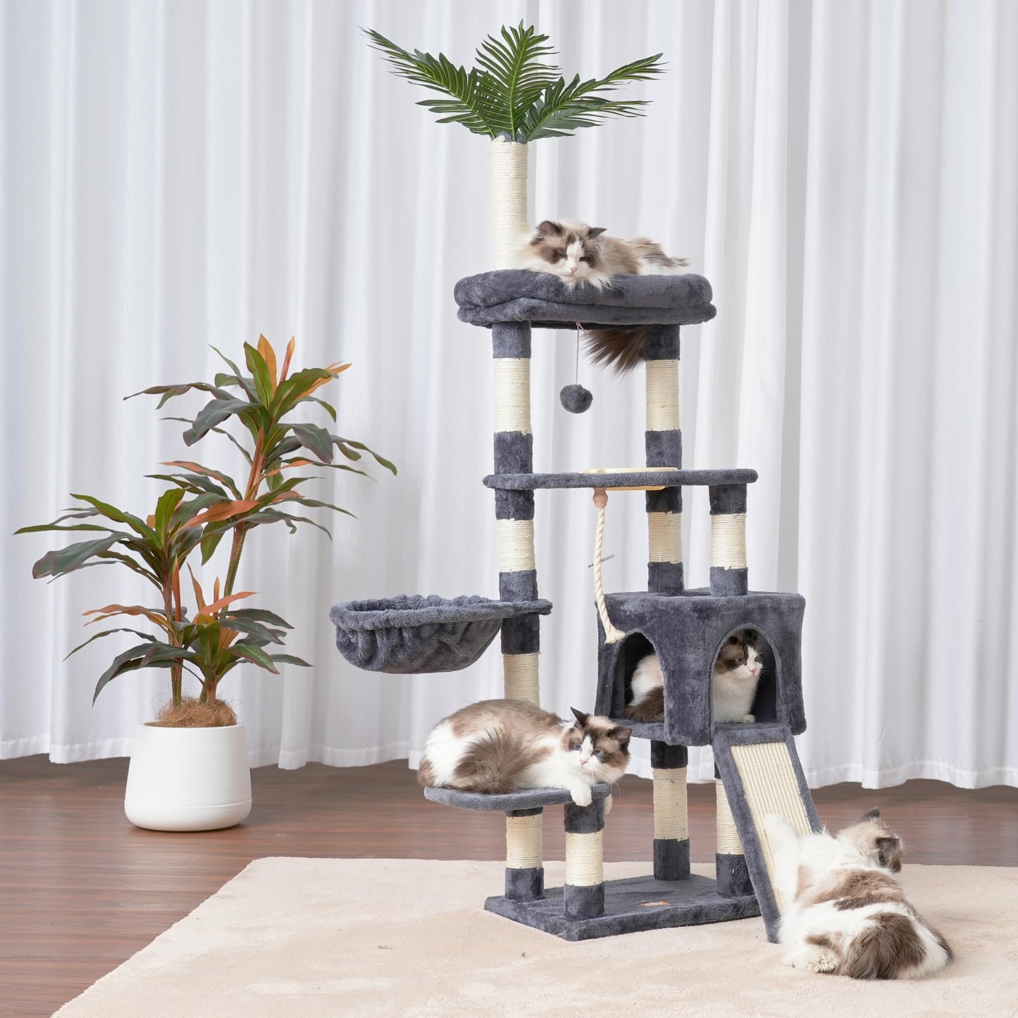 Heybly Cat Tree,Cat Tower for Indoor Cats, 65.4 inches Cat Condo with Perches, Basket, Feeding Bowl Station, Multi-Level Plush Furniture with Scratching Posts, Smoky Gray HCT015G