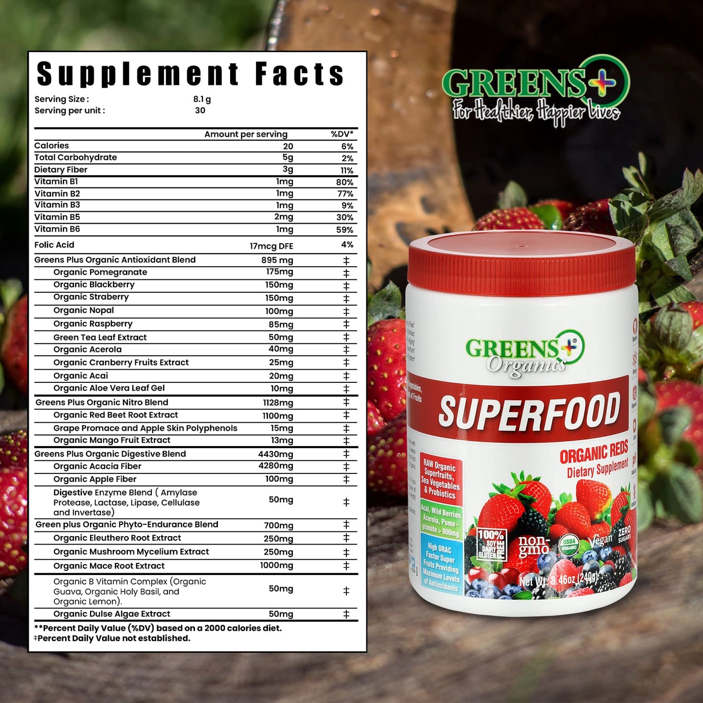 Greens+ Organic Reds Superfood Powder, Antioxidant, Polyphenol, Blend for Morning Kick, Energy, Vitality Boost, Nutrition, Vibrant Health, Vegan Soy/Dairy/Gluten Free(8.46oz)