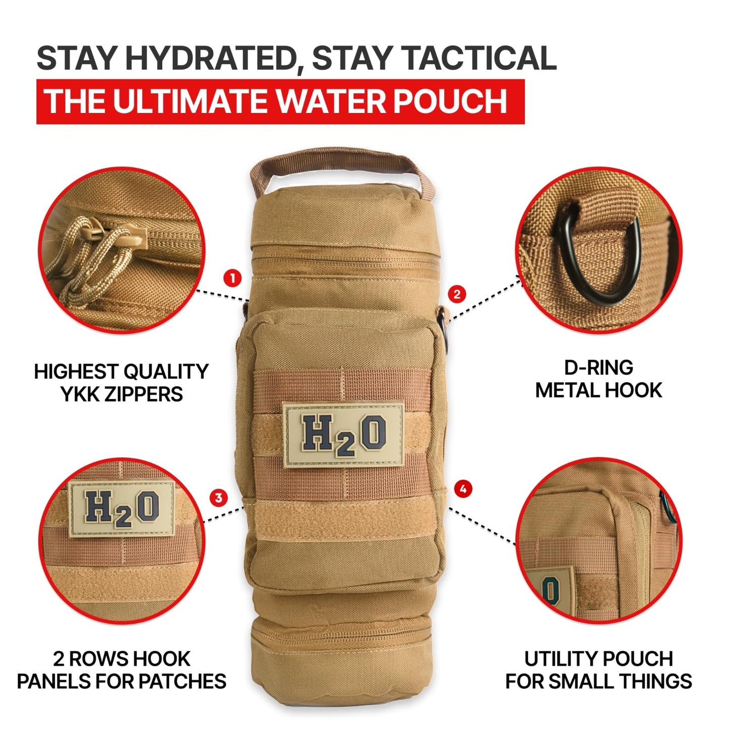 Orca Tactical Molle Water Bottle Pouch - Molle Water Bottle Holder for Backpack – Tactical Pouch for 32 oz & 40 oz Bottles – Insulated Water Bottle Holster – Keeps Drinks Cooler Longer (Coyote Brown)