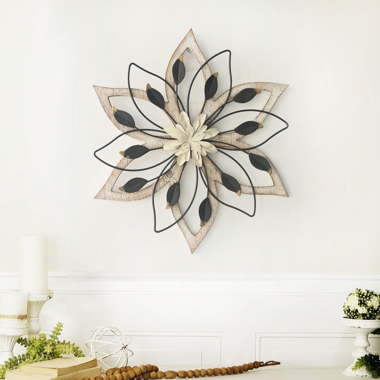 Remenna Whitewash Flowers Wood Wall Decor, Metal Rustic Wall Art Farmhouse Wall Decorations Multiple Floral Hanging Decor for Bathroom Living Room Home Office Garden Kitchen