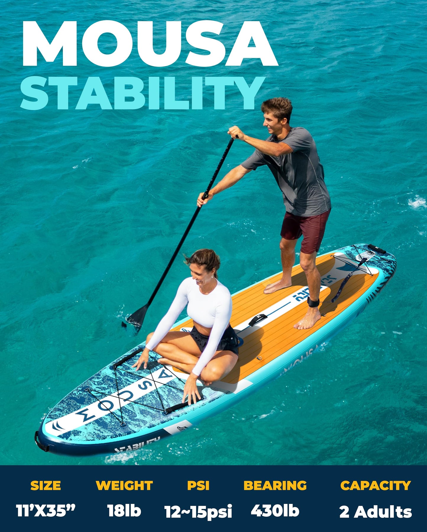 MOUSA 10‘8/11'×35" Extra Wide Inflatable Stand Up Paddle Board, Stable Paddleboard SUP for 2 People/Family, Anti-Slip Full EVA Deck, 3 Handles, 100L Backpack, All-Round Sup Board, Big Fin