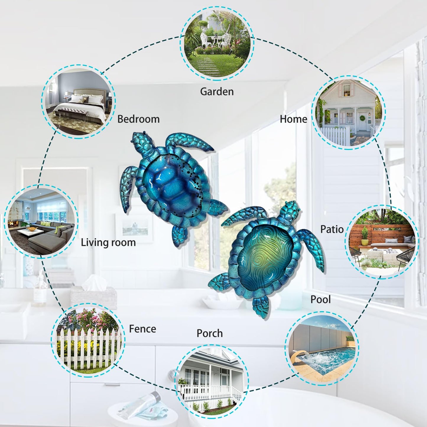 LIFFY Metal Turtle Wall Art Decor Ocean Wall Hanging Coastal Wall Sculptures Beach Theme Wall Decoration for Indoor Outdoor Bathroom Beach Garden Pool (10", 2 pcs)