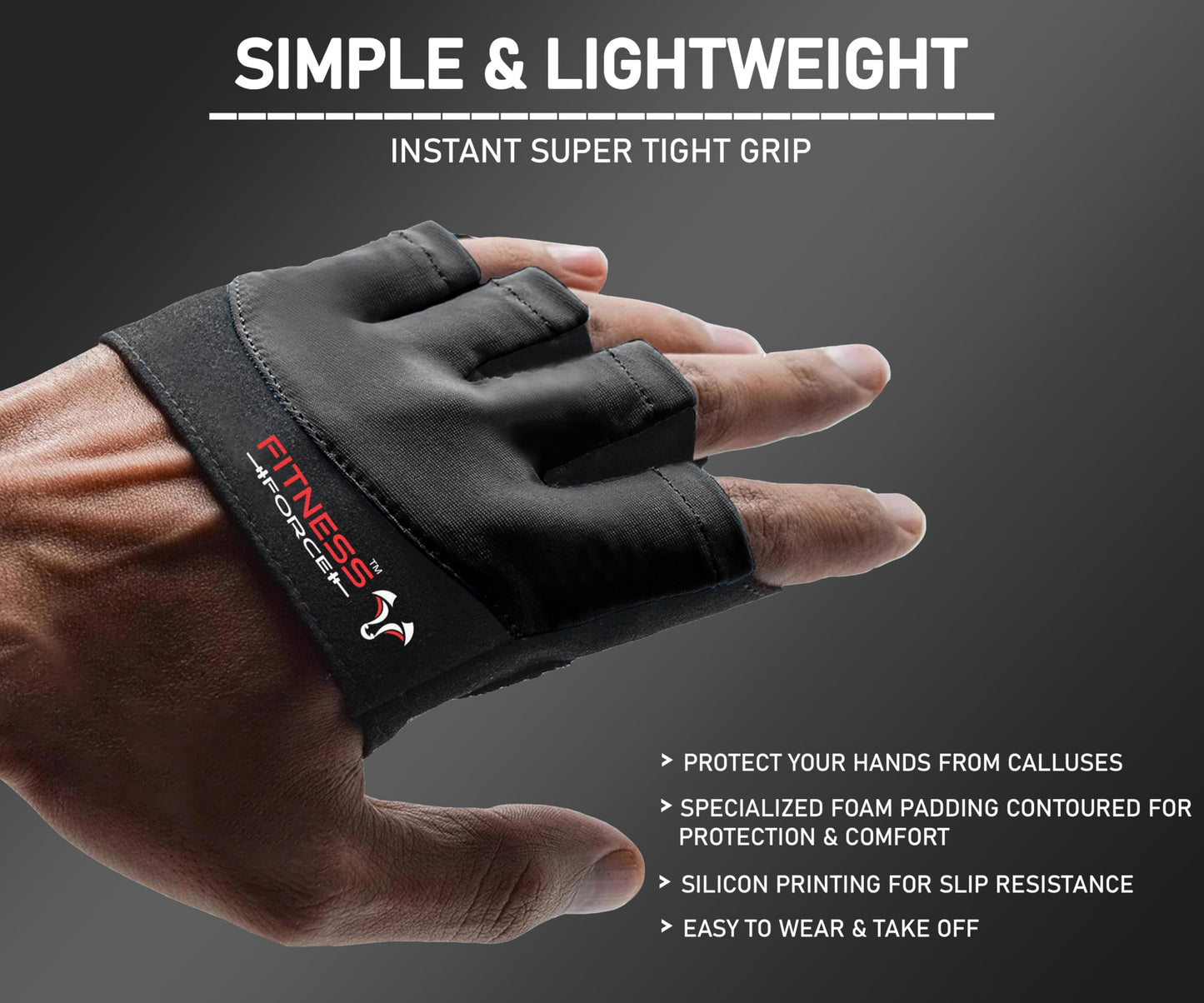 FITNESS FORCE Workout Gloves for Men & Women Partial Weight Lifting Gloves Non-Slip Gym Gloves Lifting Grip Calluses Guard Fingerless Exercise Gloves with Full Palm Protection (Black, Medium)