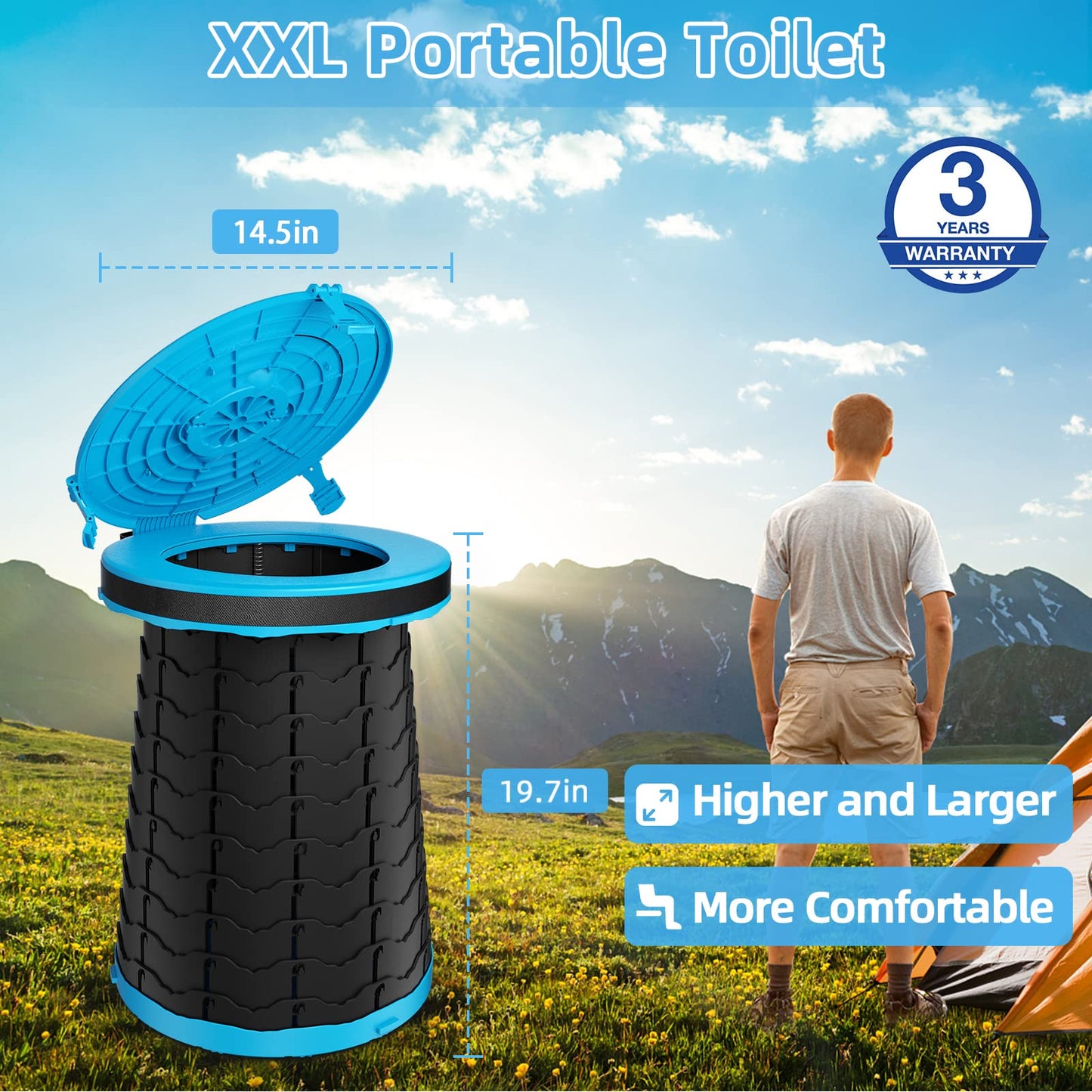 Panmout XXL Portable Toilet - 19.7"H Adjustable Foldable Camping Toilet, Luggable Loo with Lid, Strap,Toilet Bag for Camping, Hiking, Travel and Car
