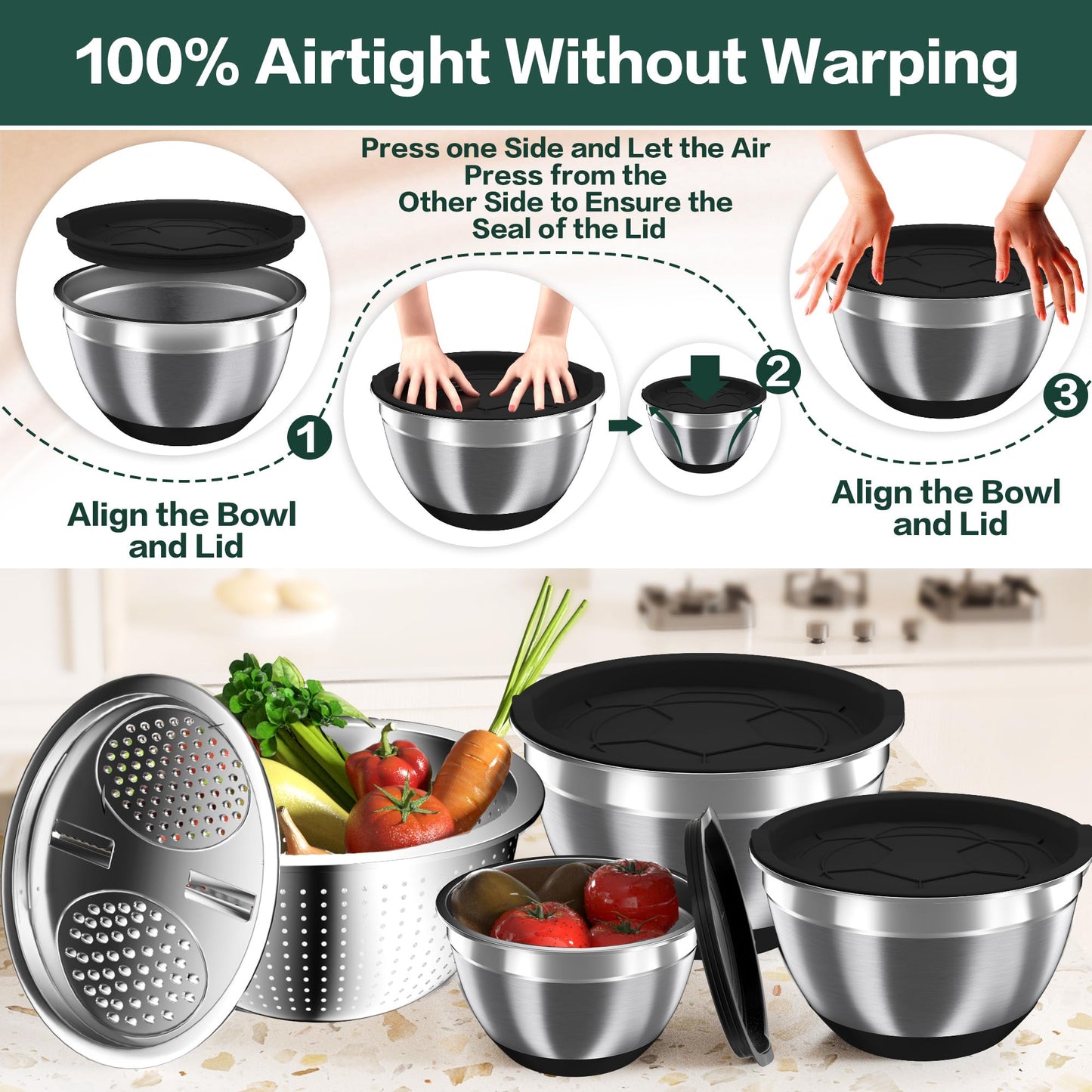Mixing Bowls with Airtight Lids, Stainless Steel Mixing Bowl Set with 3 Metal Nesting Bowls, Colander & Grater, Non-Slip Bottoms, Size 1.5, 2.5, 5 QT, Great for Mixing & Serving, Black