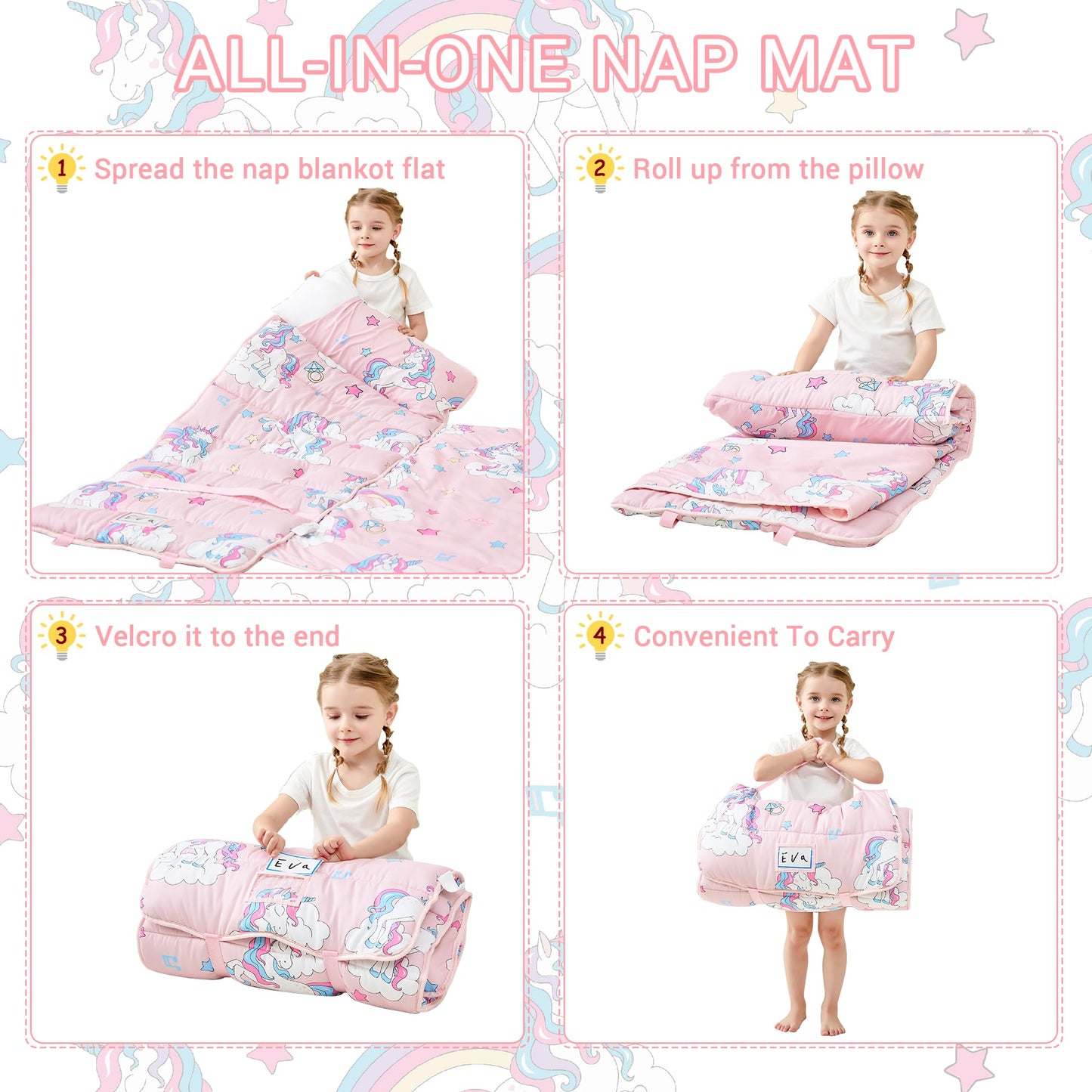Lasoftan Toddler Nap Mat with Pillow and Blanket, Extra Large Rolled Napping Mats, Toddler Nap Mat for Boys Girls,Kids Sleeping Mat for Daycare, Preschool Travel Camping, Unicorn