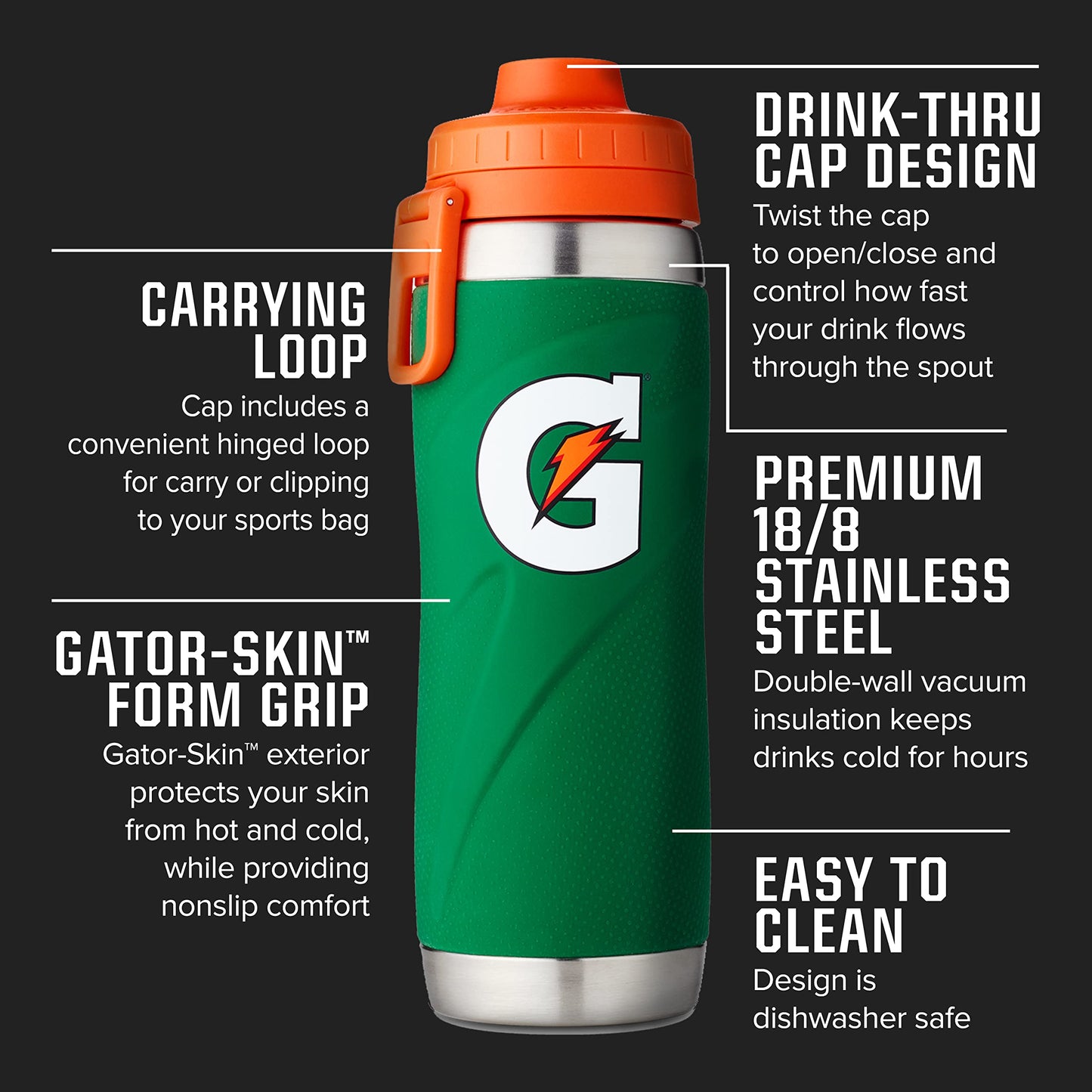 Gatorade Stainless Steel Sport Bottle, 26oz, Double-Wall Insulation, Green , 26oz (Pack of 1)