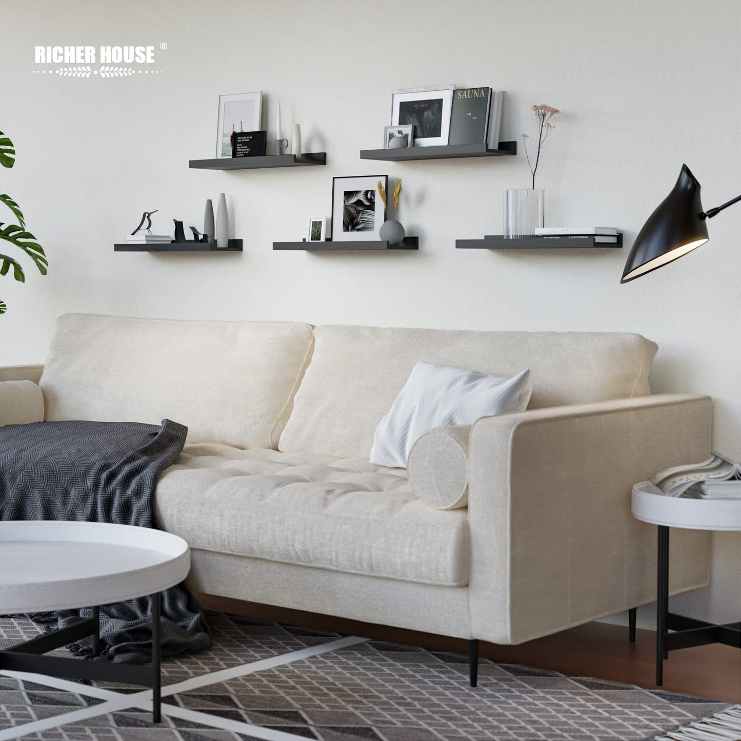 RICHER HOUSE 5 Set Floating Wall Mounted Shelves, Black Shelves for Wall Decor, Modern Picture Ledge Shelf with Lip for Storage, Nursery, Bedroom, Living Room, Bathroom - Black