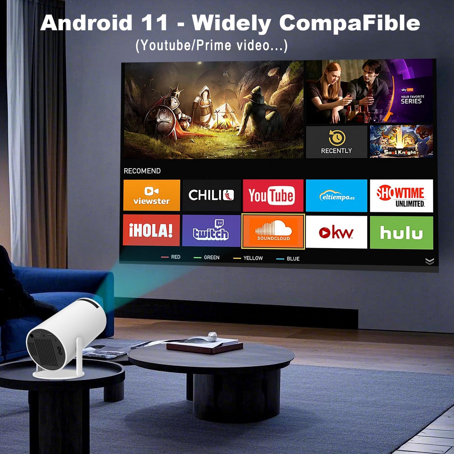 Mini Projector, HY300 PRO Portable Projector, Support 4K 1080P with Dual-Band WIFI6 5G Wireless 5.0 Bluetooth Android 11, 180° Rotatable, Auto Keystone Correction, 35"-130" Screen Video Projector