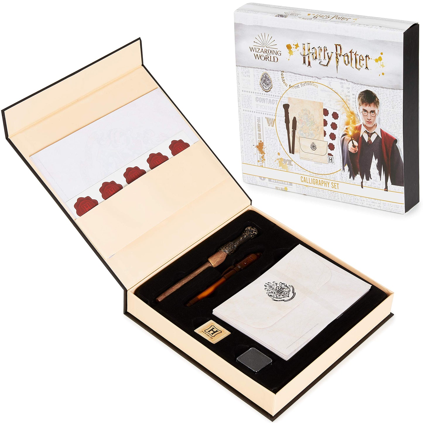 Harry Potter Calligraphy Set with Notepad Wand Pen Magic Invisible Ink Pen Envelopes Paper Cool Stickers Ink Stamp Fun Hogwarts Stationary Gift for Kids