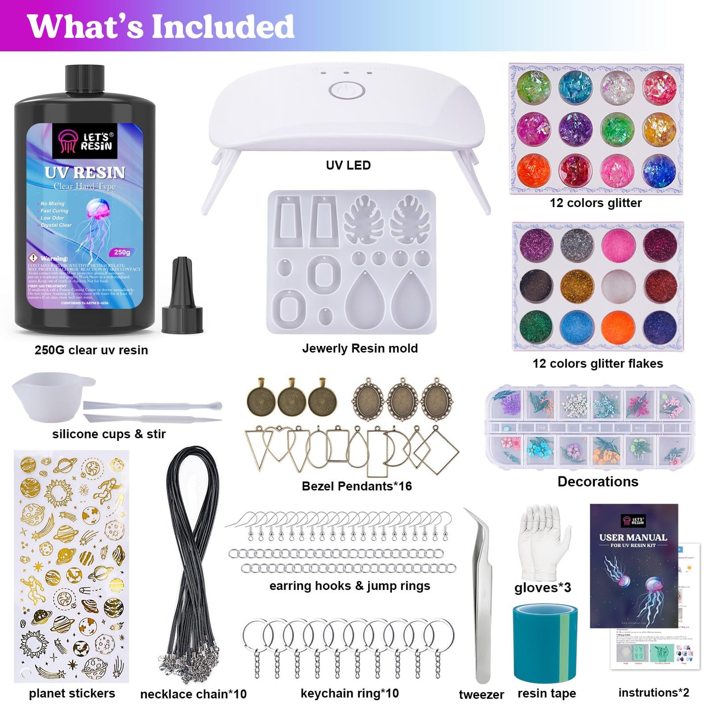 LET'S RESIN Jewelry Making Kit - 153Pcs Highly Clear Resin with Upgraded UV Lamp, Resin Accessories for Keychains, Jewelry