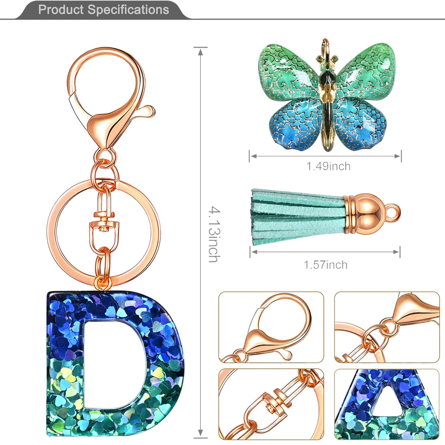 JINGUAZI Initial letter Keychains for Women Tassel Butterfly Pink Purple Cute Car Keychain for Wallet Backpack bag charm (D-Blue Green)