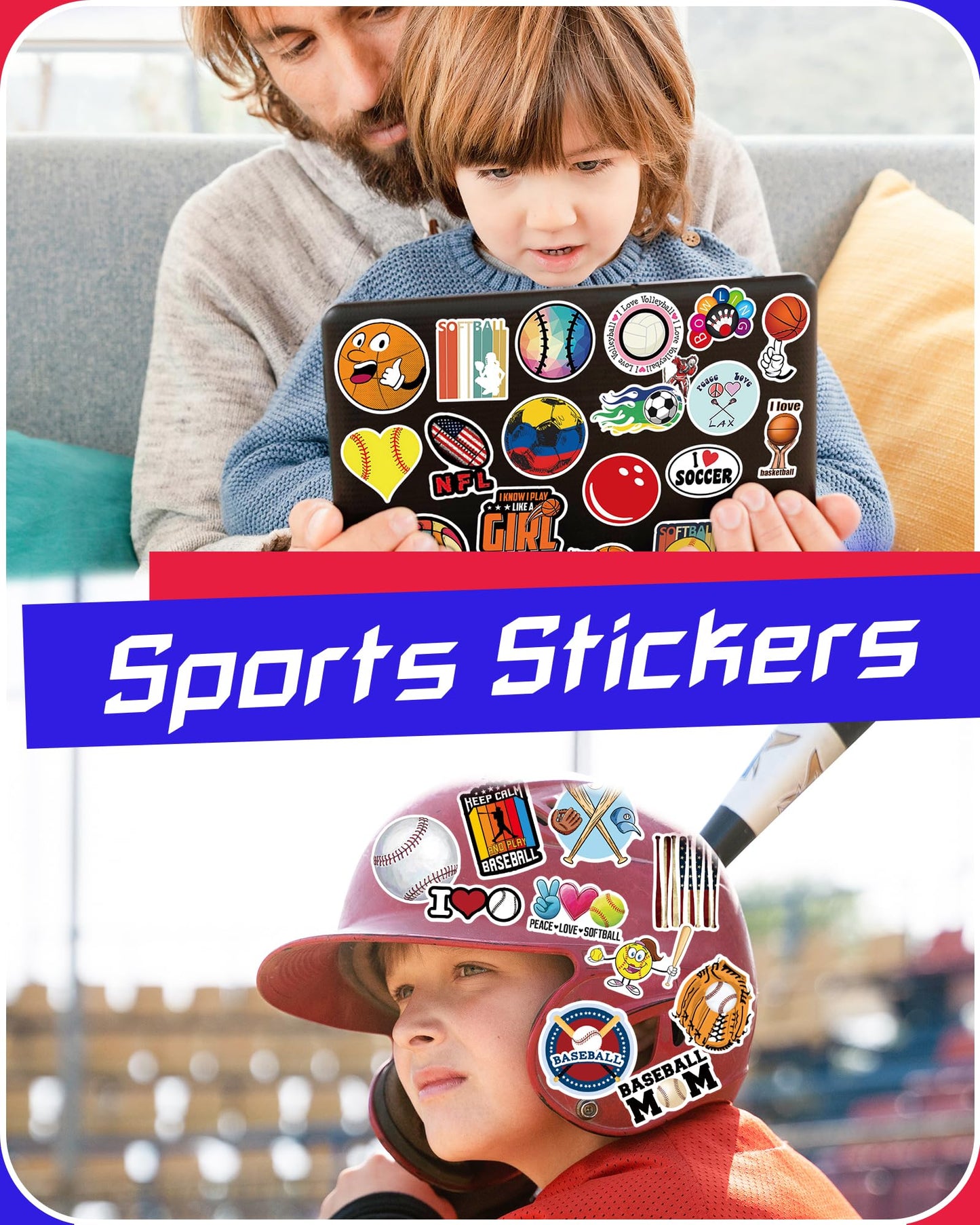 pcnearty 300 Pcs Sport Stickers for Kids, Sport Water Bottle Stickers, Vinyl Waterproof Laptop Sticker for Water Bottle, Bulk Sticker Packs for Boys Kids Classroom Prizes for Elementary Students